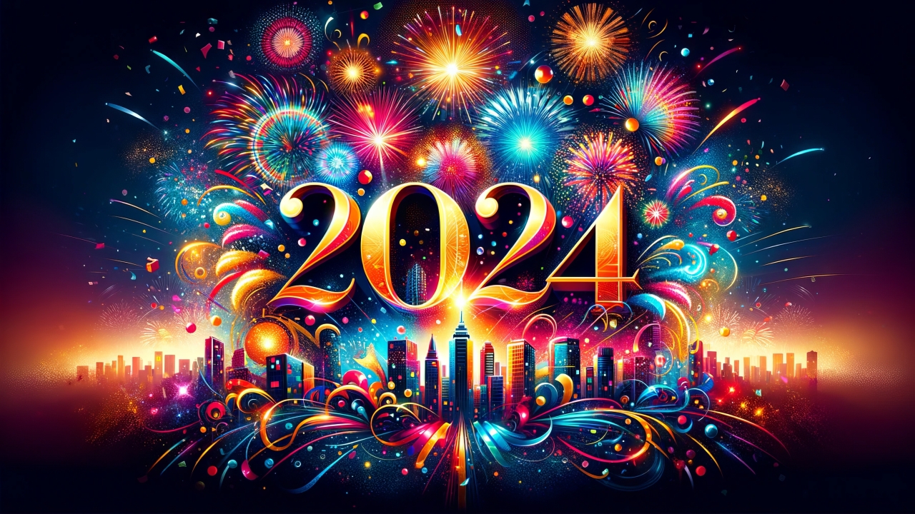 1280x720 Resolution 2024 New Year HD Colorful 2024 Fireworks Greeting