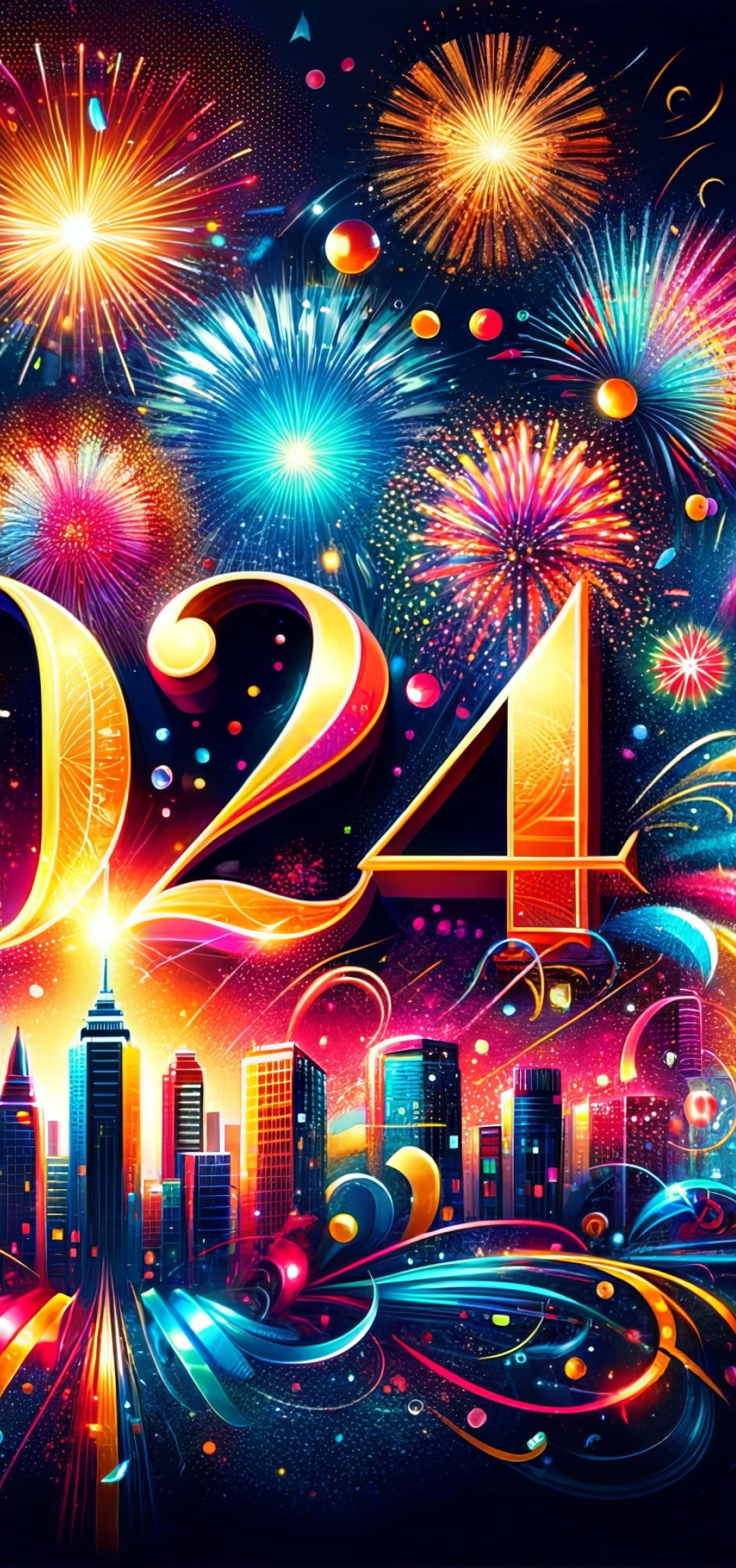 1080x2300 Resolution 2024 New Year HD Colorful 2024 Fireworks Greeting