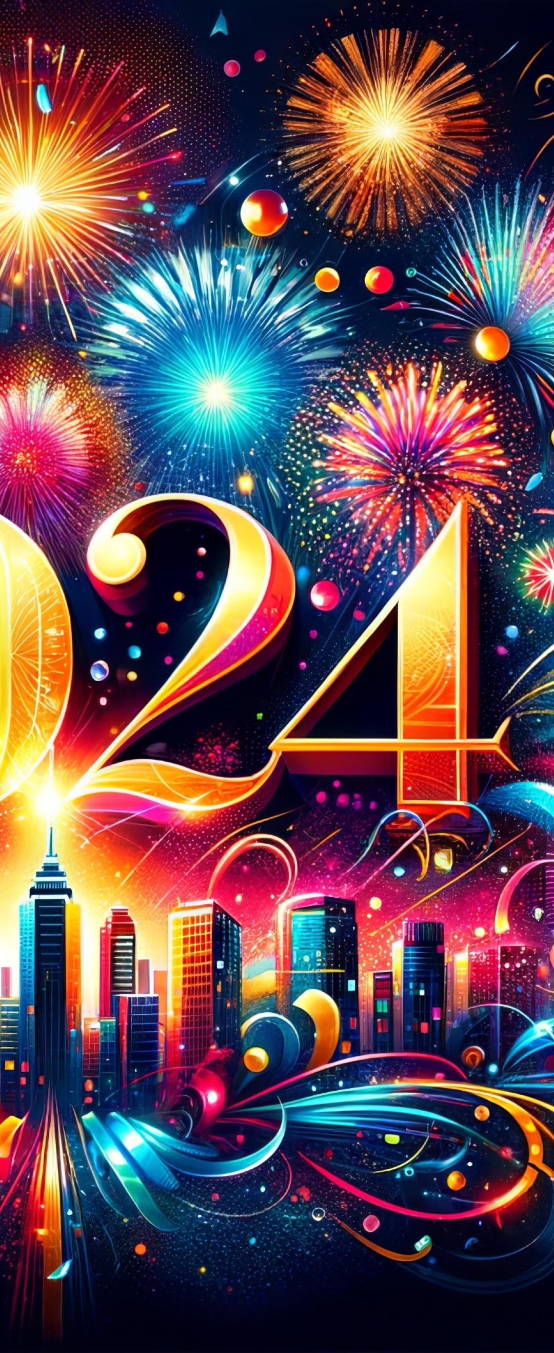 1080x2636 Resolution 2024 New Year HD Colorful 2024 Fireworks Greeting