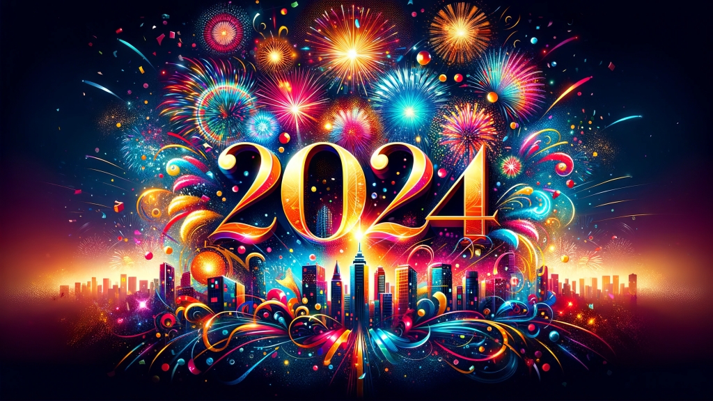 1024x576 Resolution 2024 New Year HD Colorful 2024 Fireworks Greeting
