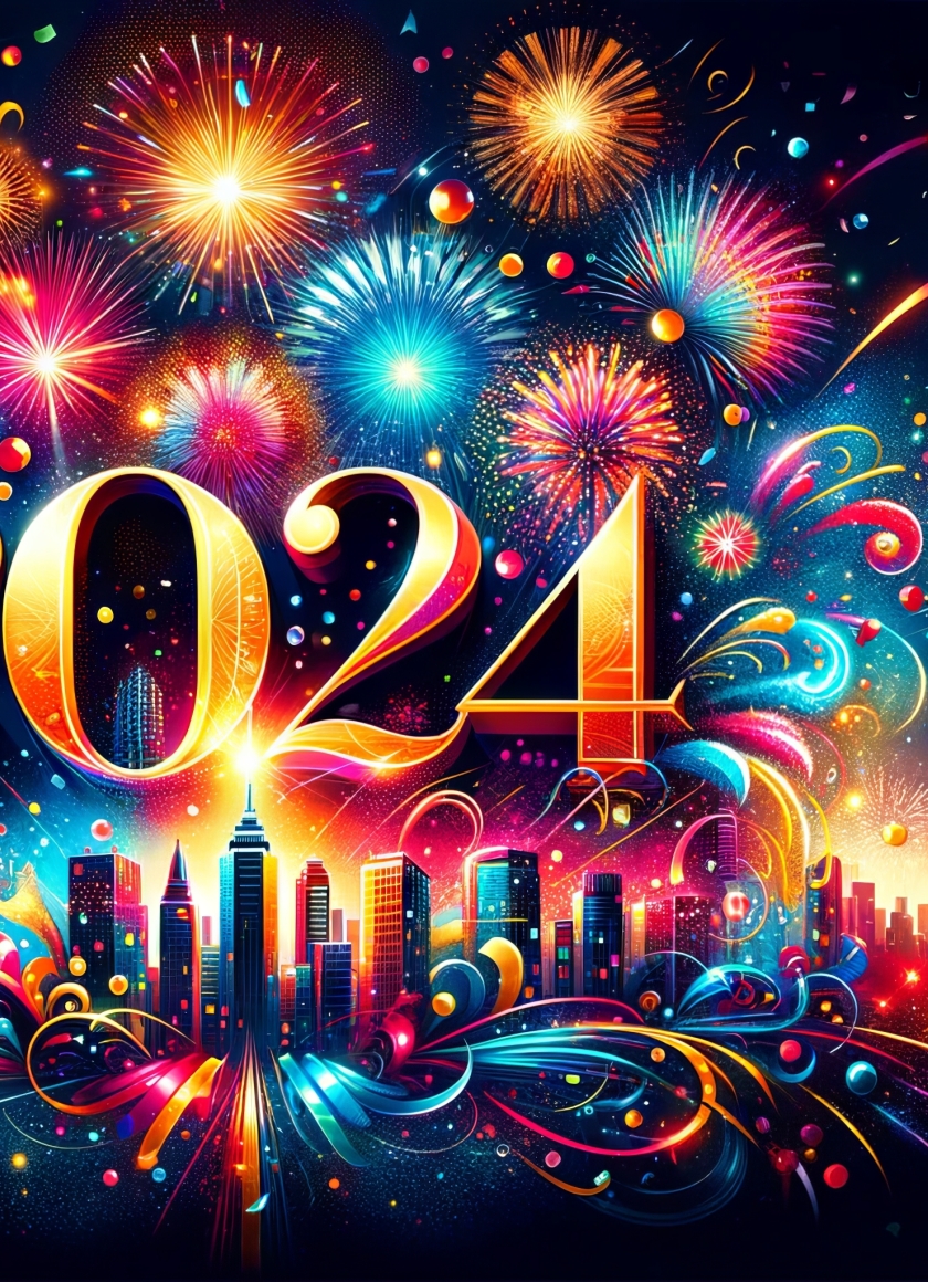 840x1160 Resolution 2024 New Year HD Colorful 2024 Fireworks Greeting ...