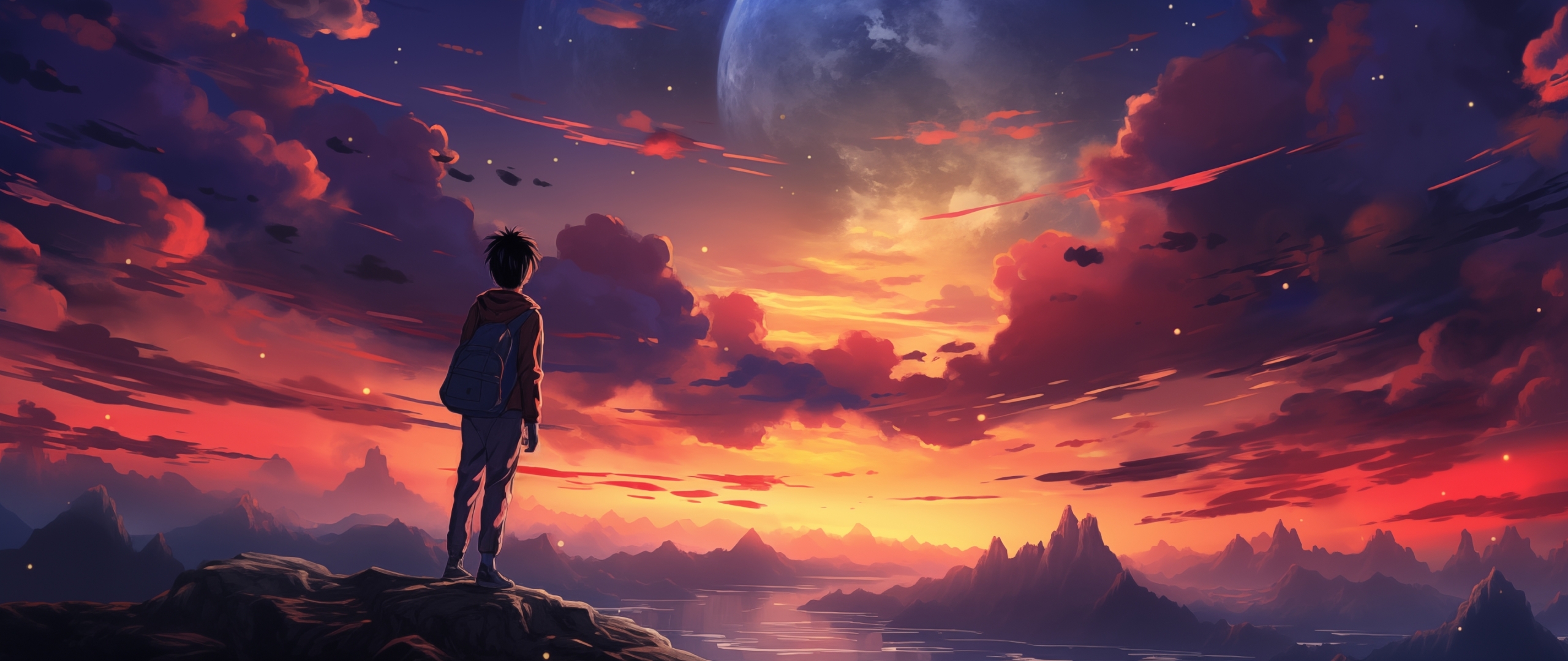 2560x1080 Resolution Adventures Boy Watching Beautiful Digital Sky ...