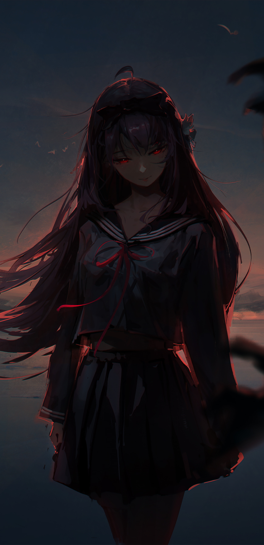 evil anime girl with black hair and red eyes