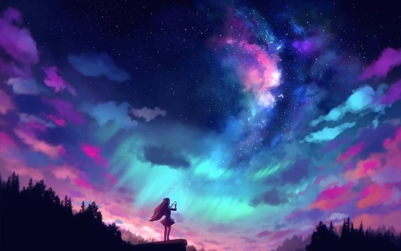 Anime Girl And Colorful Sky, Full HD Wallpaper