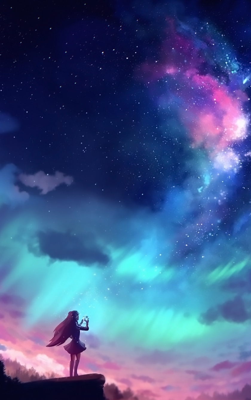 Anime Girl And Colorful Sky, Full HD Wallpaper