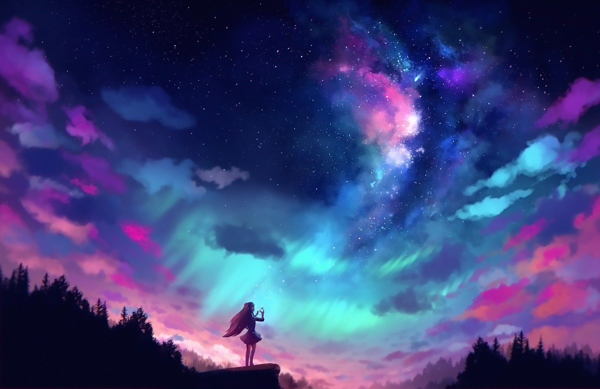 1440x2560 Anime Girl And Colorful Sky Samsung Galaxy S6,S7,Google Pixel