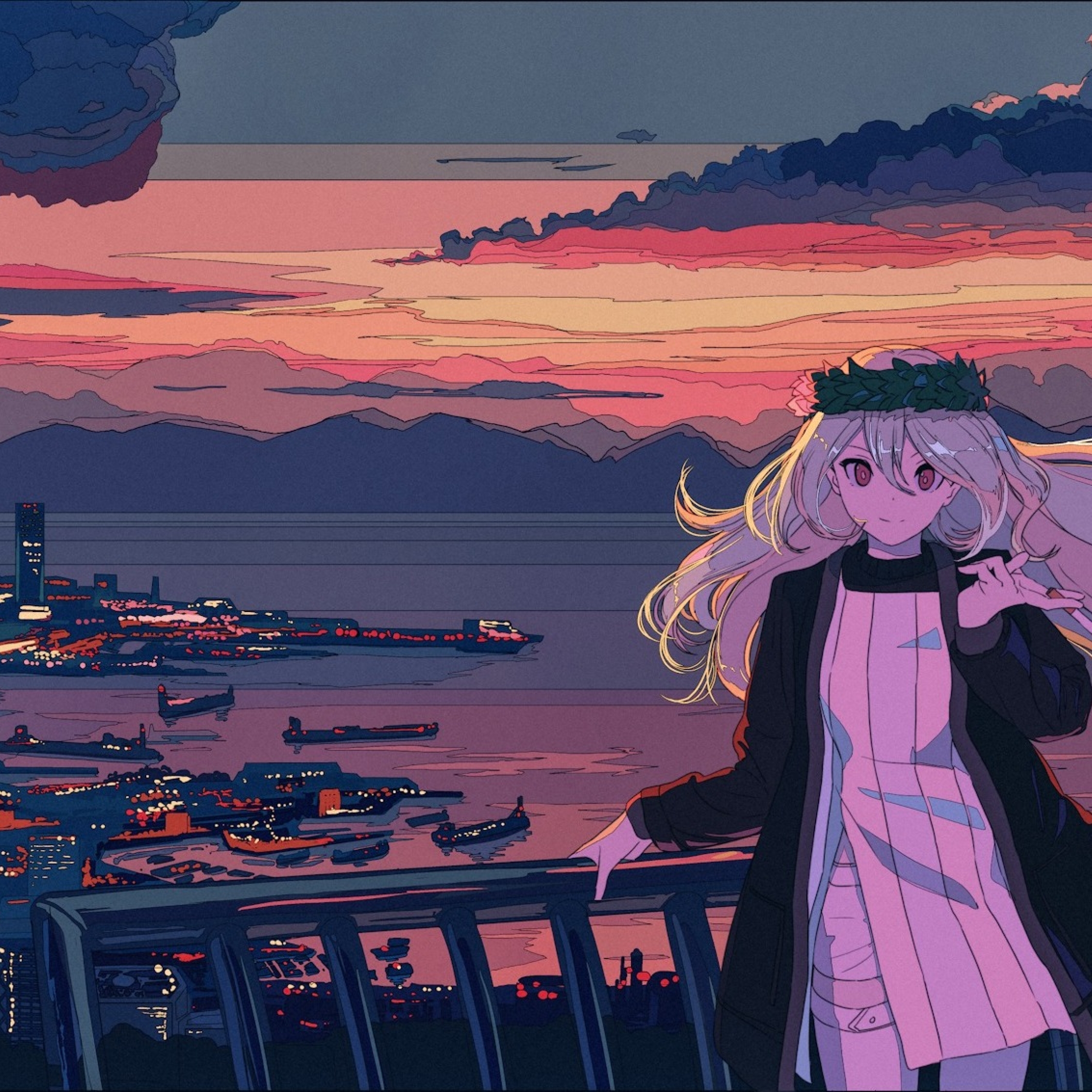 Anime Girl In Balcony Cityscape Sea And Sunset, Full HD Wallpaper