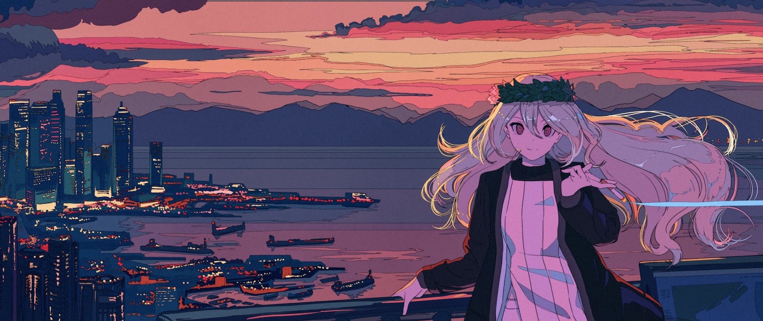 2560x1080 Resolution Anime Girl In Balcony Cityscape Sea And Sunset  2560x1080 Resolution Wallpaper - Wallpapers Den