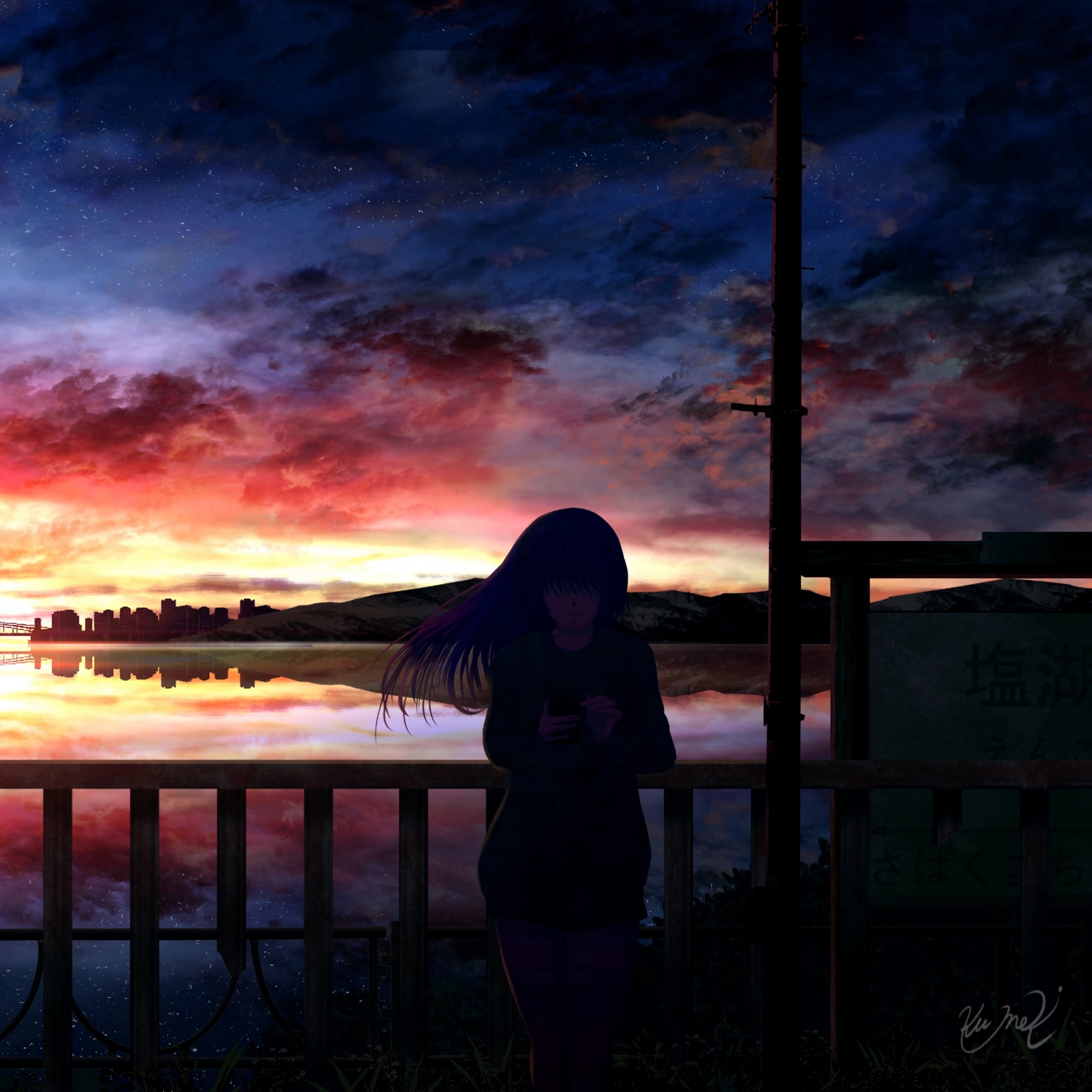 2932x2932 Anime Girl In Sunset Ipad Pro Retina Display Wallpaper