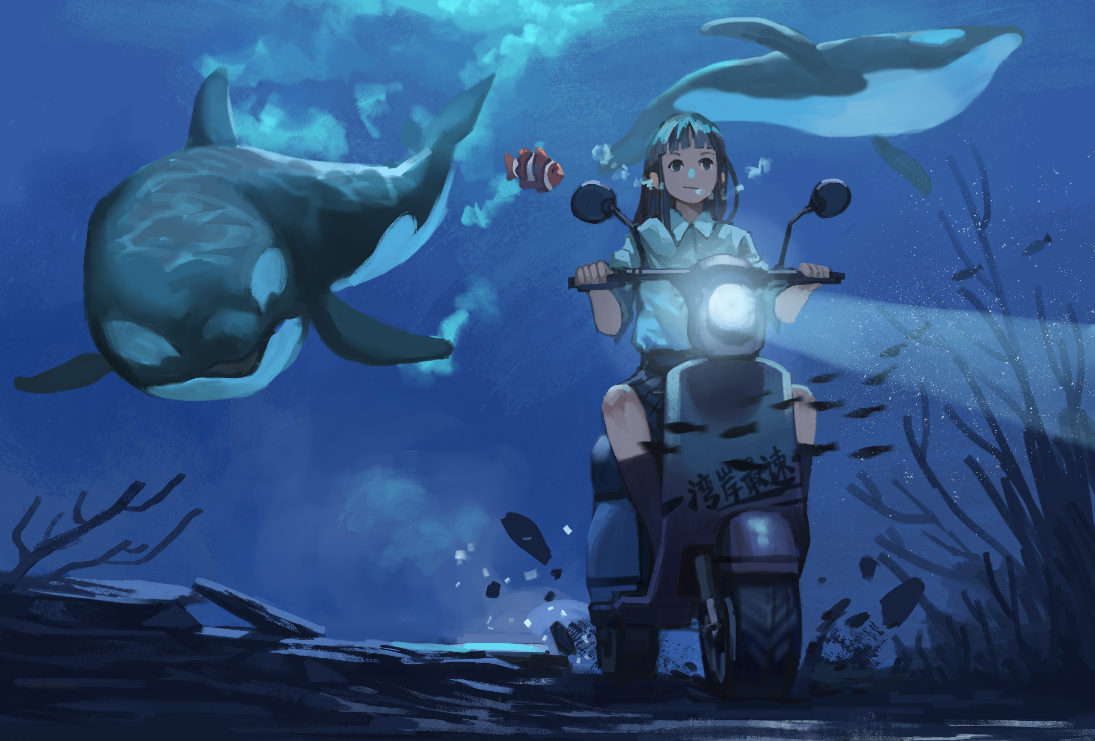 Anime Girl Riding Bike Under Water Wallpaper, HD Anime 4K Wallpapers
