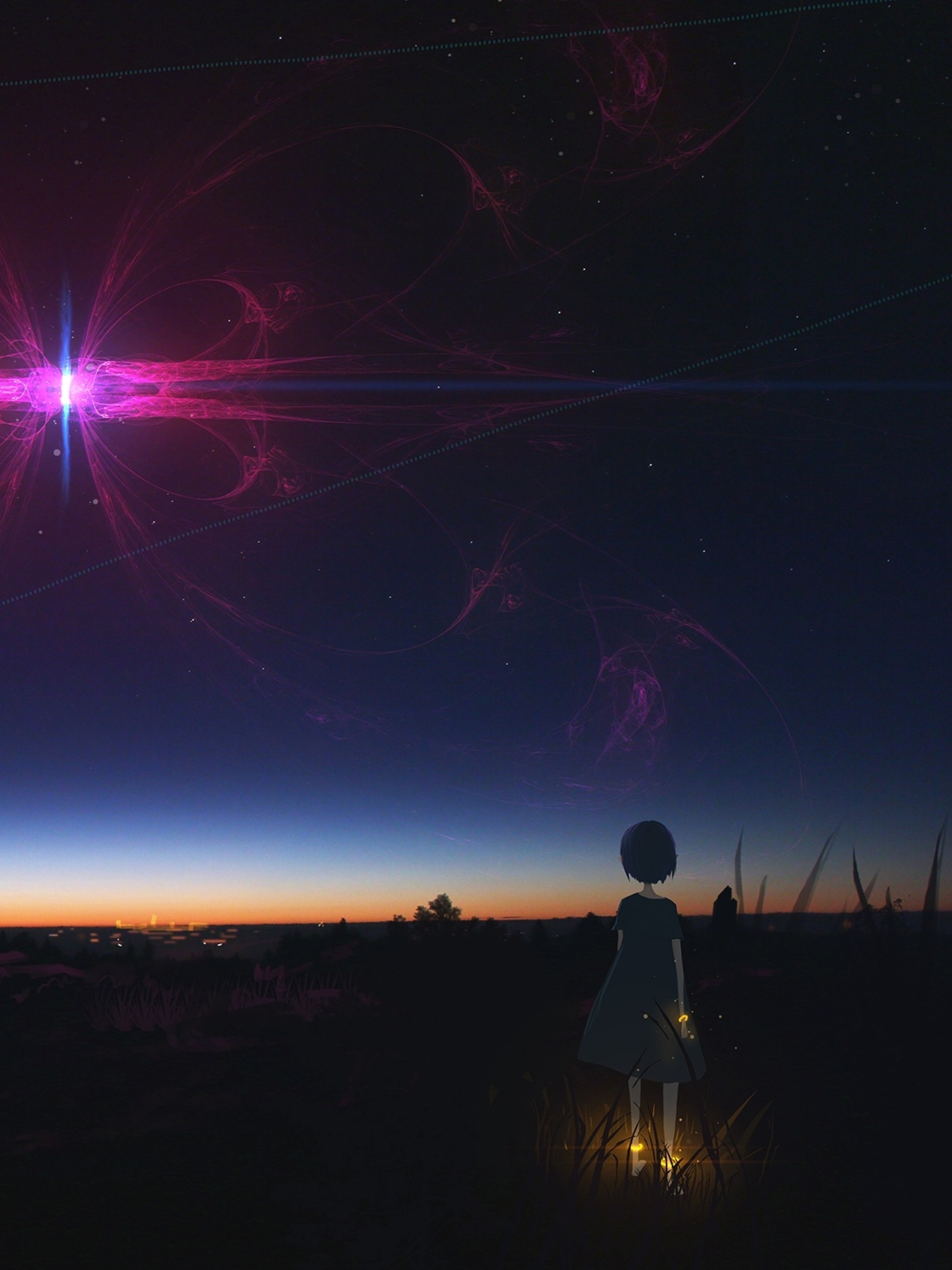 Download wallpaper 1366x768 girl, night, starry sky, anime tablet, laptop  hd background