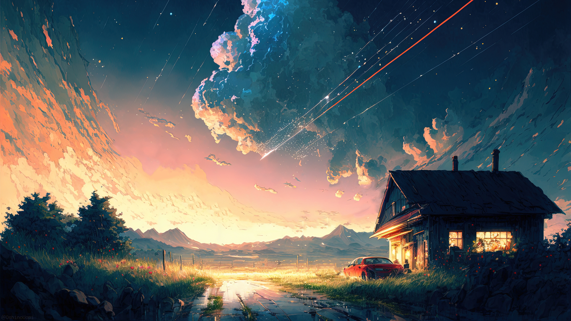 Lexica - Fantastic Anime Sunset Rural Scenery, wallpaper, Beautiful  lighting, Dreamy, Ethereal Sky, Vibrant