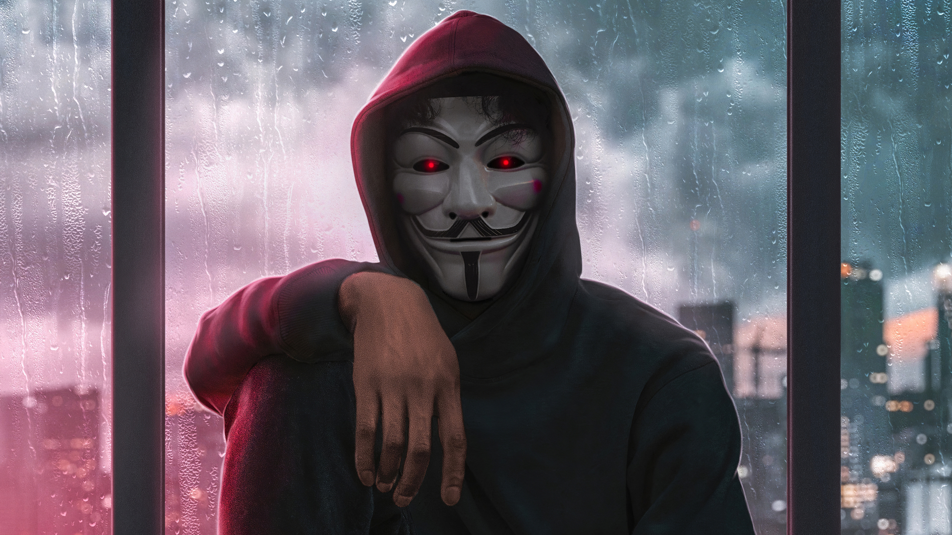 Download wallpaper 1920x1080 anonymous, mask, hood, smoke, person full hd,  hdtv, fhd, 1080p hd background