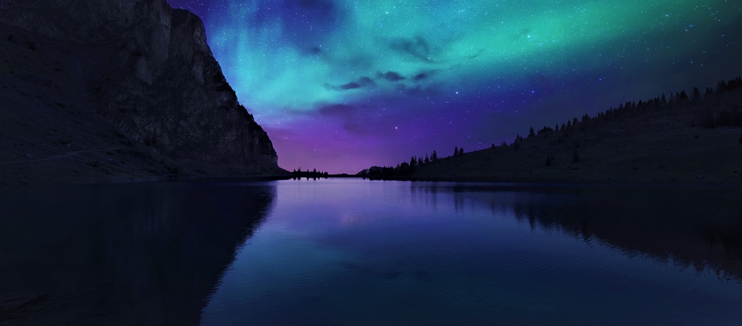 2460x1080 Aurora Borealis Northern Lights Over Mountain Lake 2460x1080 ...