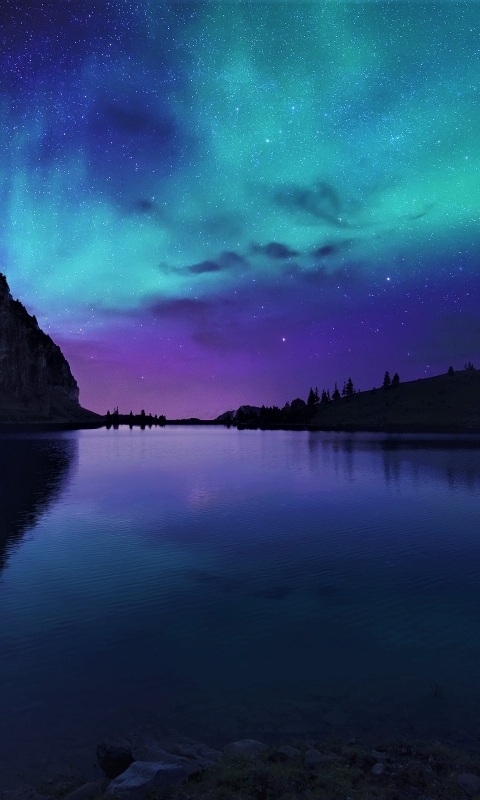 480x800 Resolution Aurora Borealis Northern Lights Over Mountain Lake ...