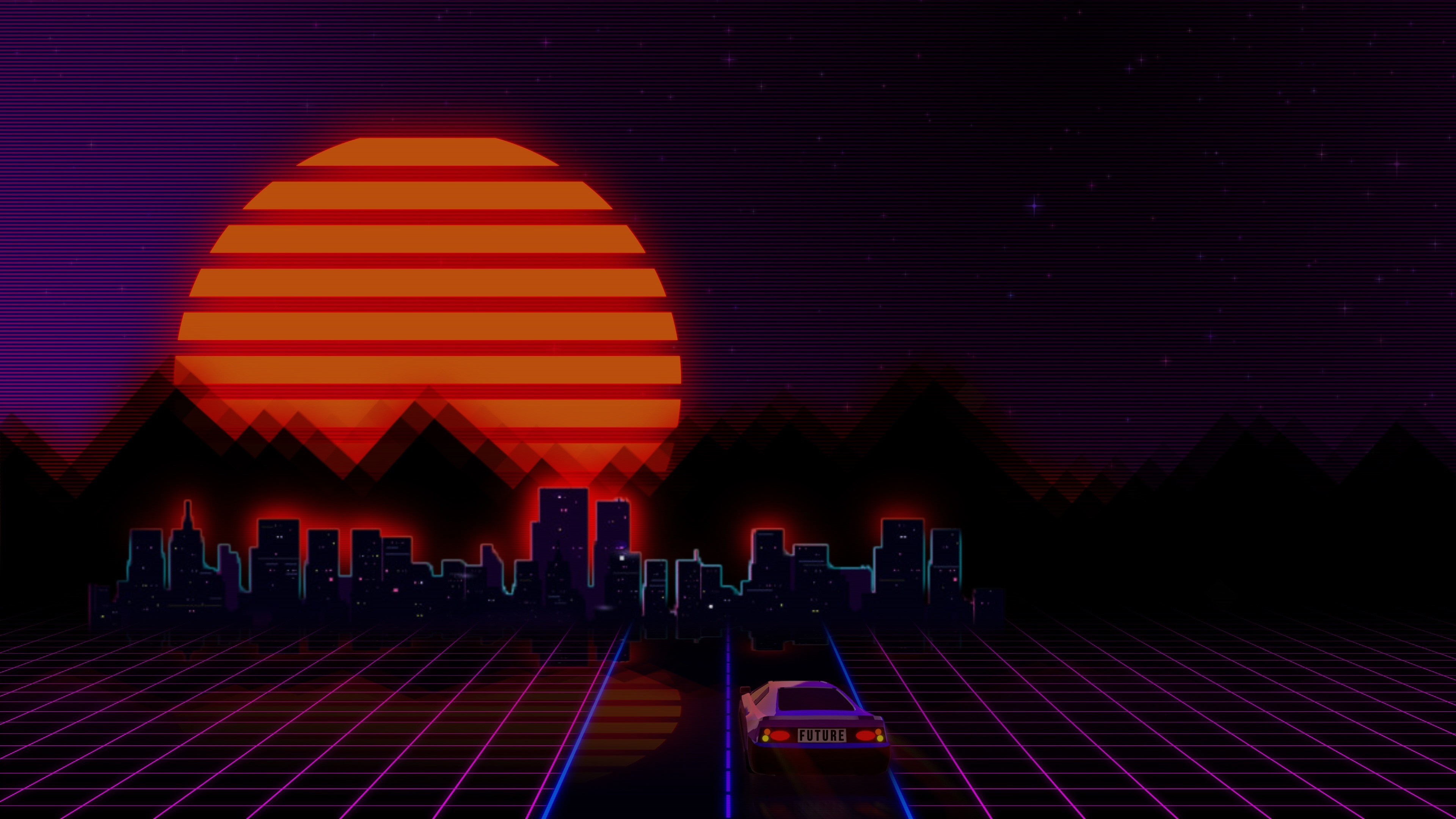 Car In Artistic City Retrowave, HD 4K Wallpaper