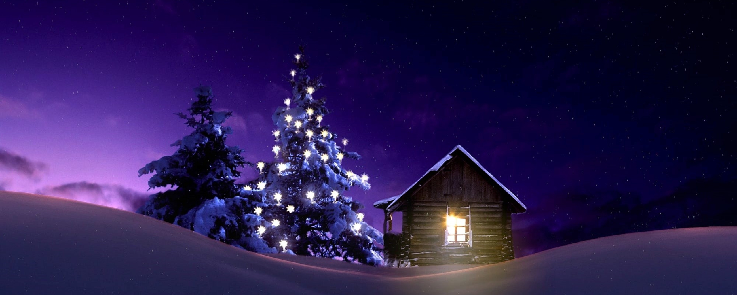Christmas Lighted Tree Outside Winter Cabin, Full HD 2K Wallpaper