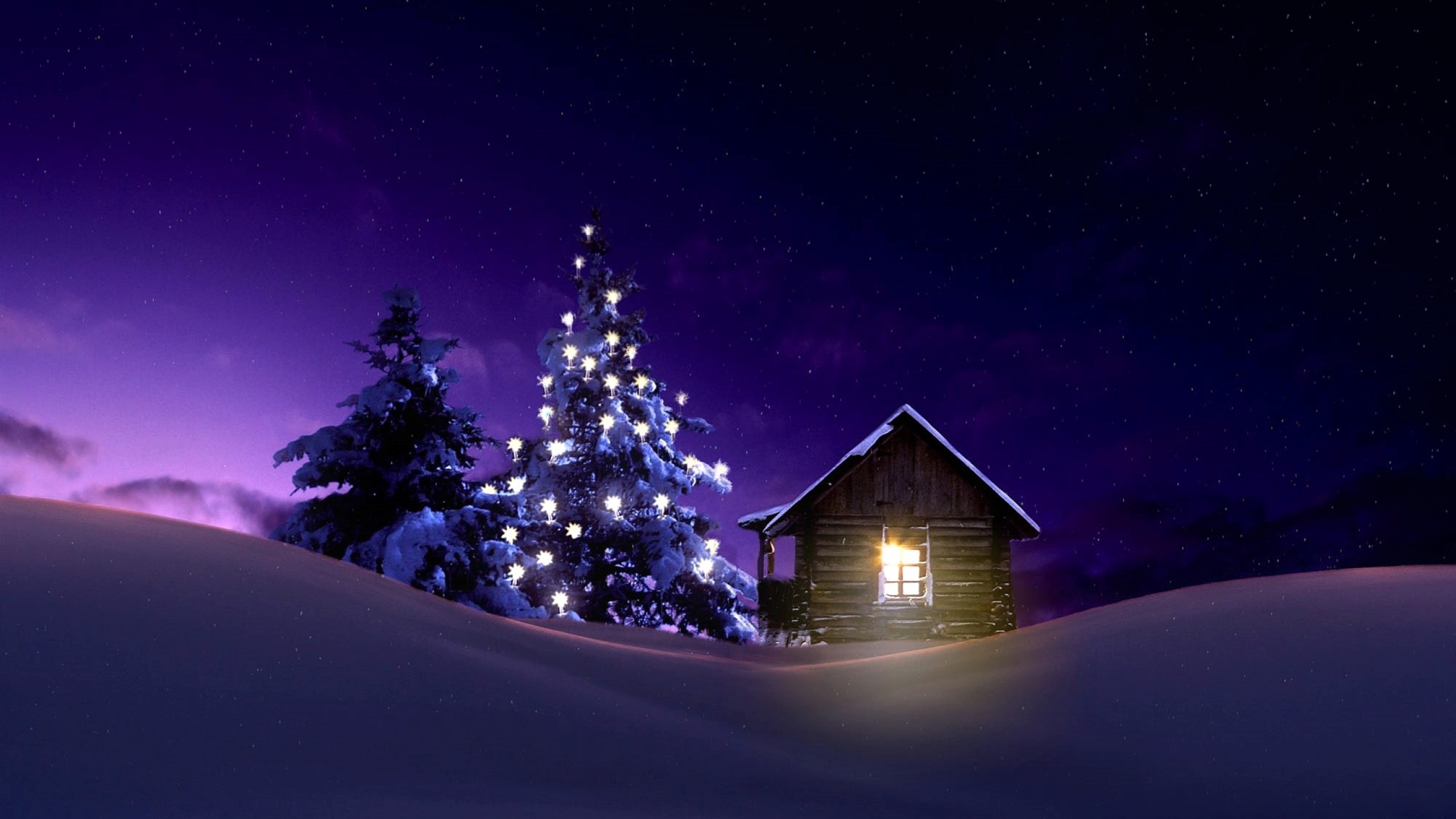 Christmas Lighted Tree Outside Winter Cabin, Full HD 2K Wallpaper