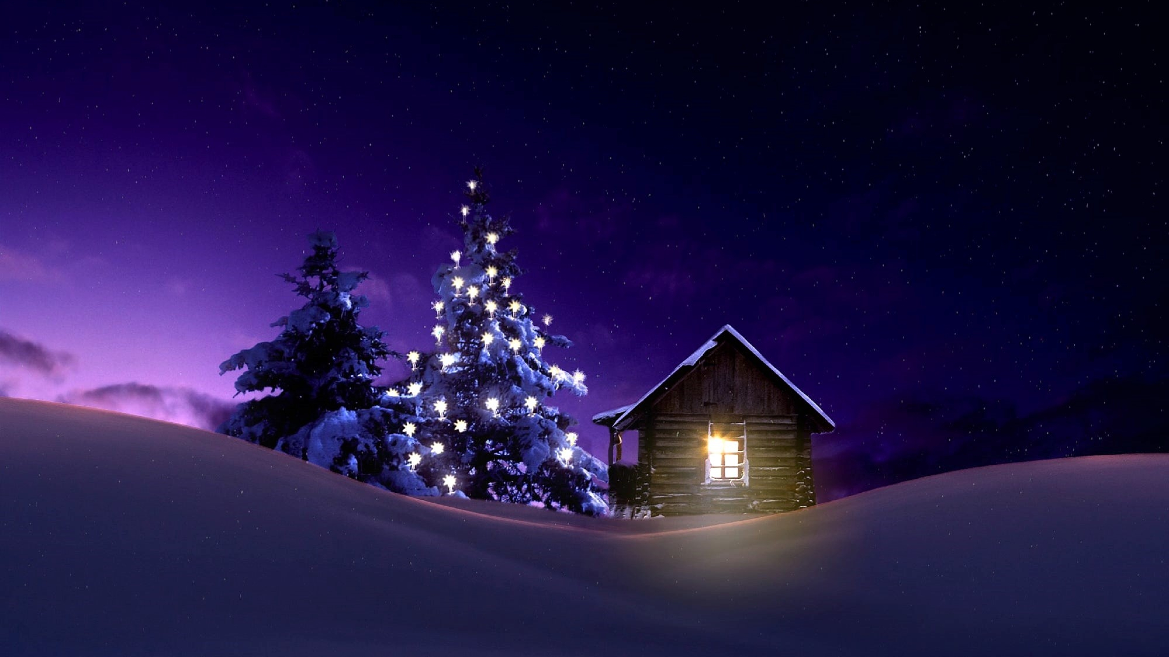 3840x2160 Christmas Lighted Tree Outside Winter Cabin 4K Wallpaper, HD