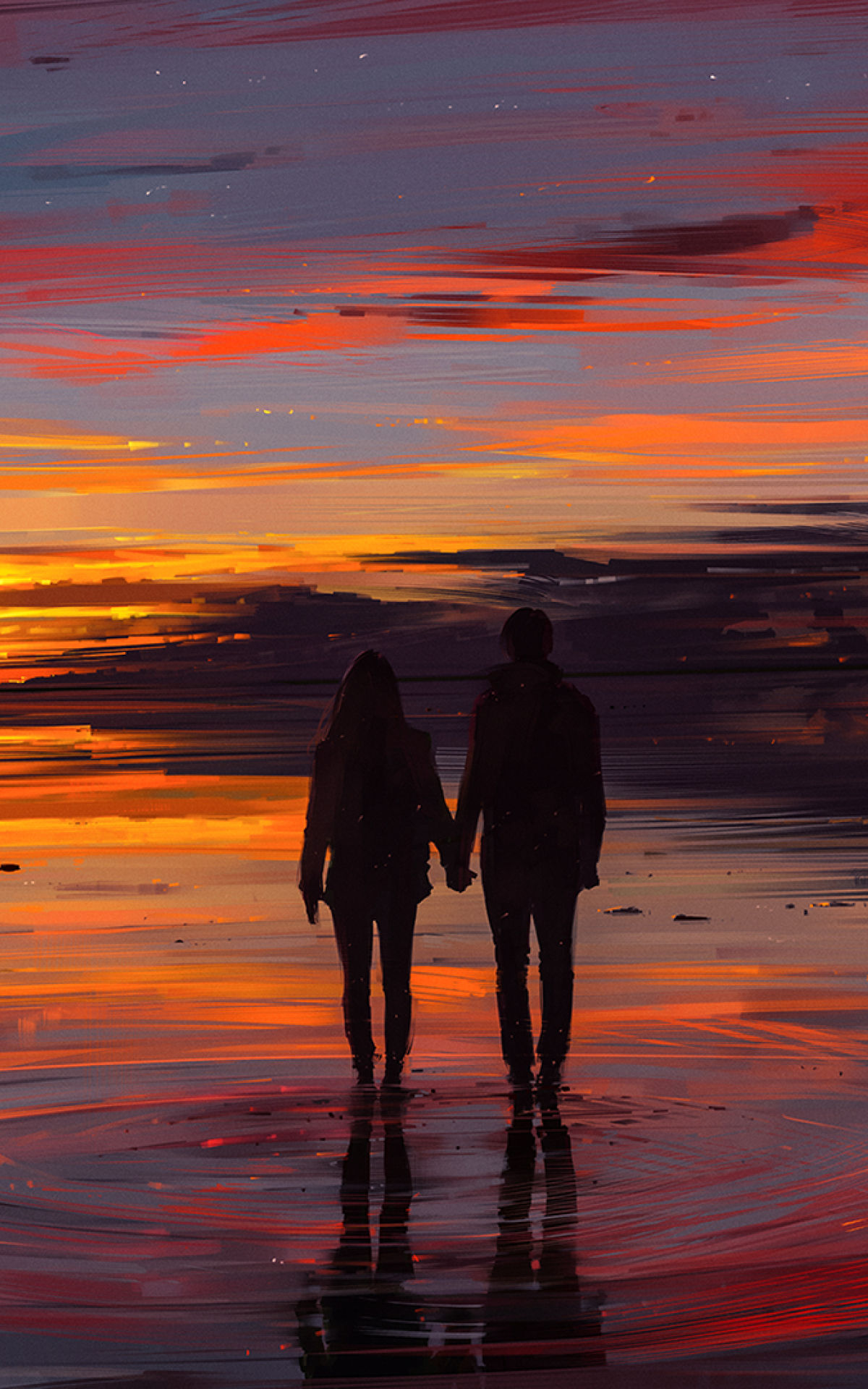 1200x1920 Resolution Couple at Sunset Illustration 1200x1920 Resolution