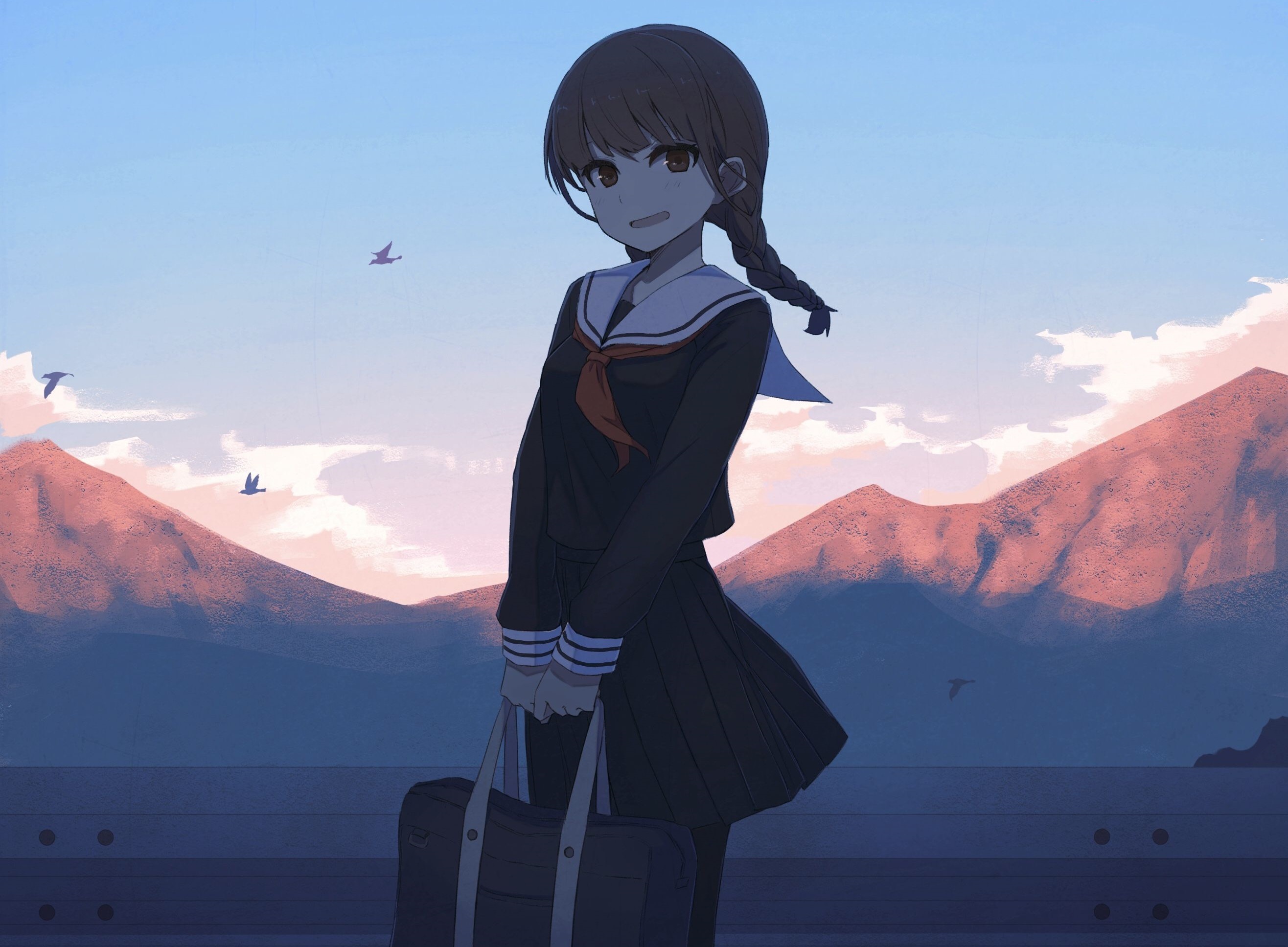  Cute  Brown Hair Anime  Girl Waiting  Full HD 2K Wallpaper 