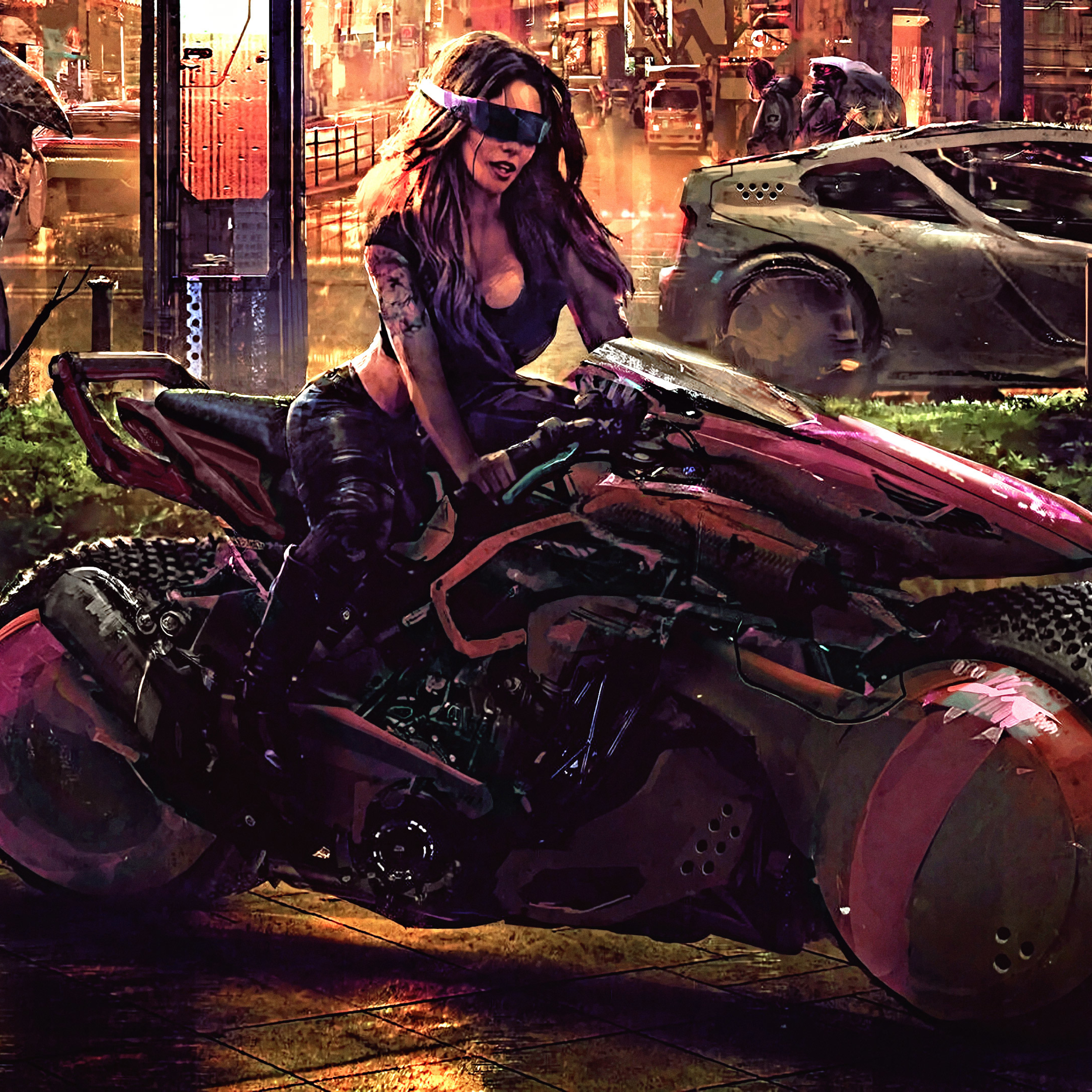 2932x2932 Cyberpunk Woman in Motorcycle Ipad Pro Retina Display Wallpaper, ...