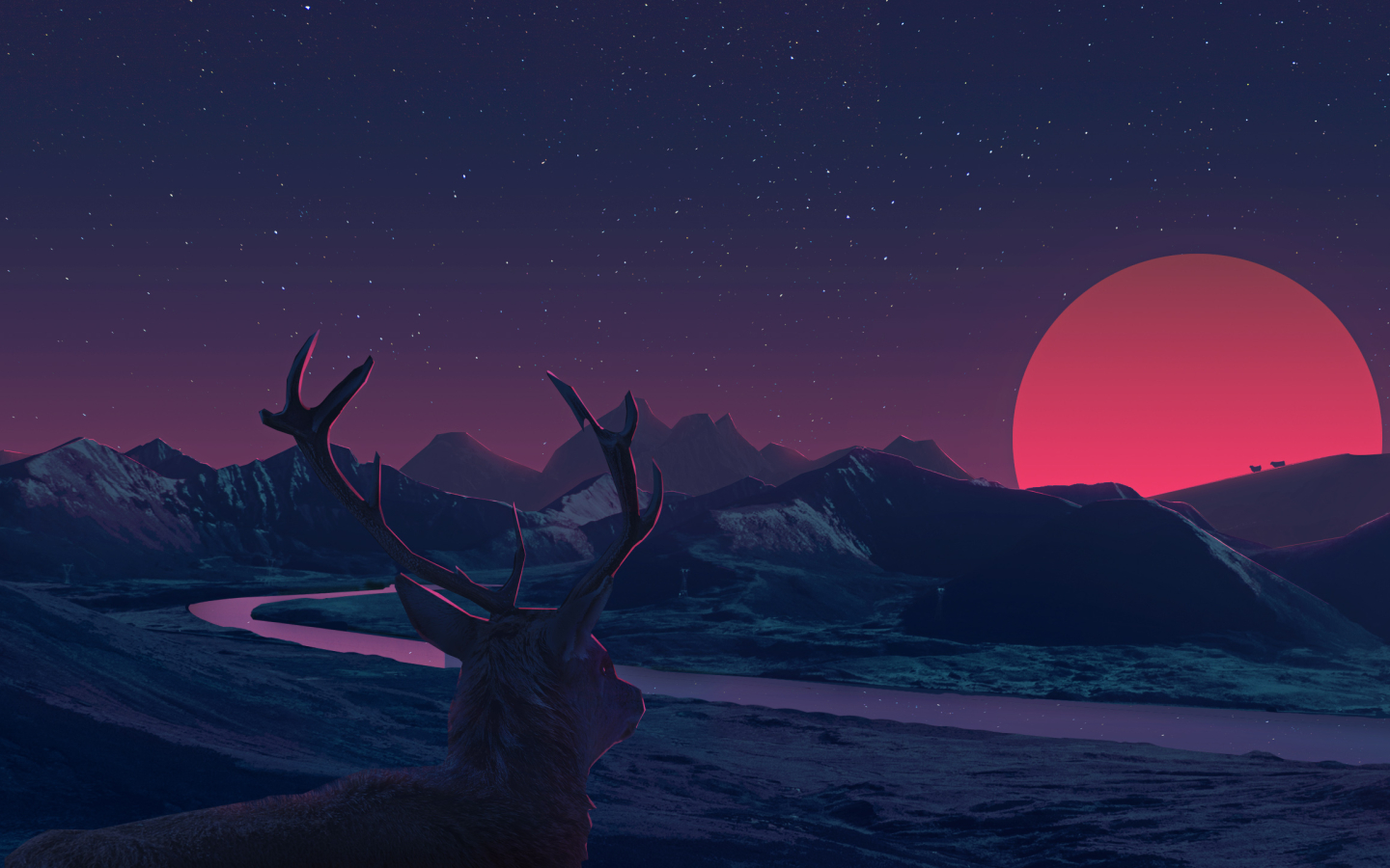 Deer Staring At Sunset Anime, Full HD 2K Wallpaper