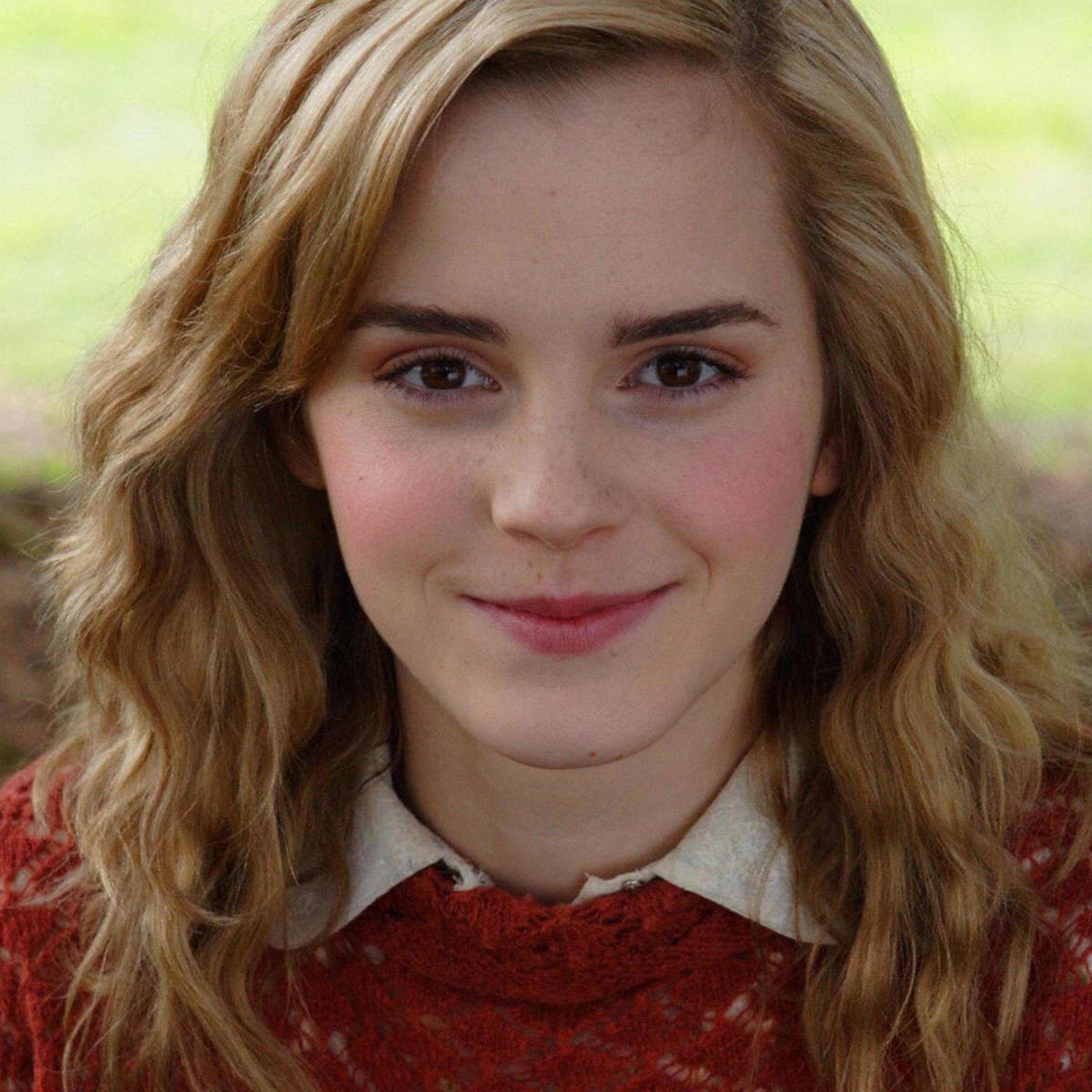 Emma Watson Smile Red Look (2248x2248) Resolution Wallpaper.