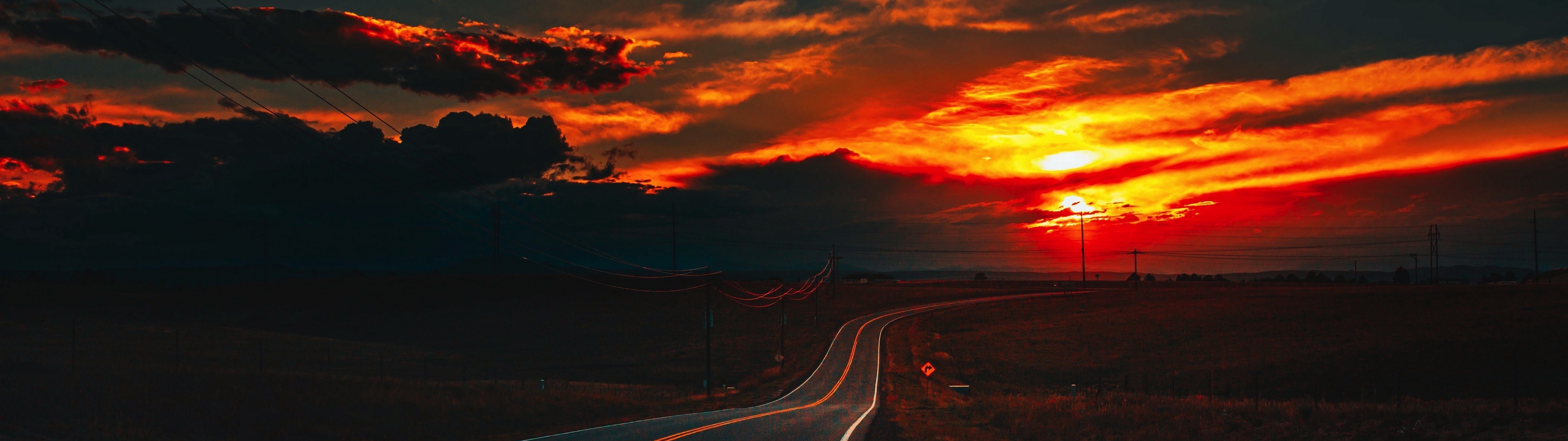 3840x1080 Resolution Fire Sunset At Road 4K 3840x1080 Resolution