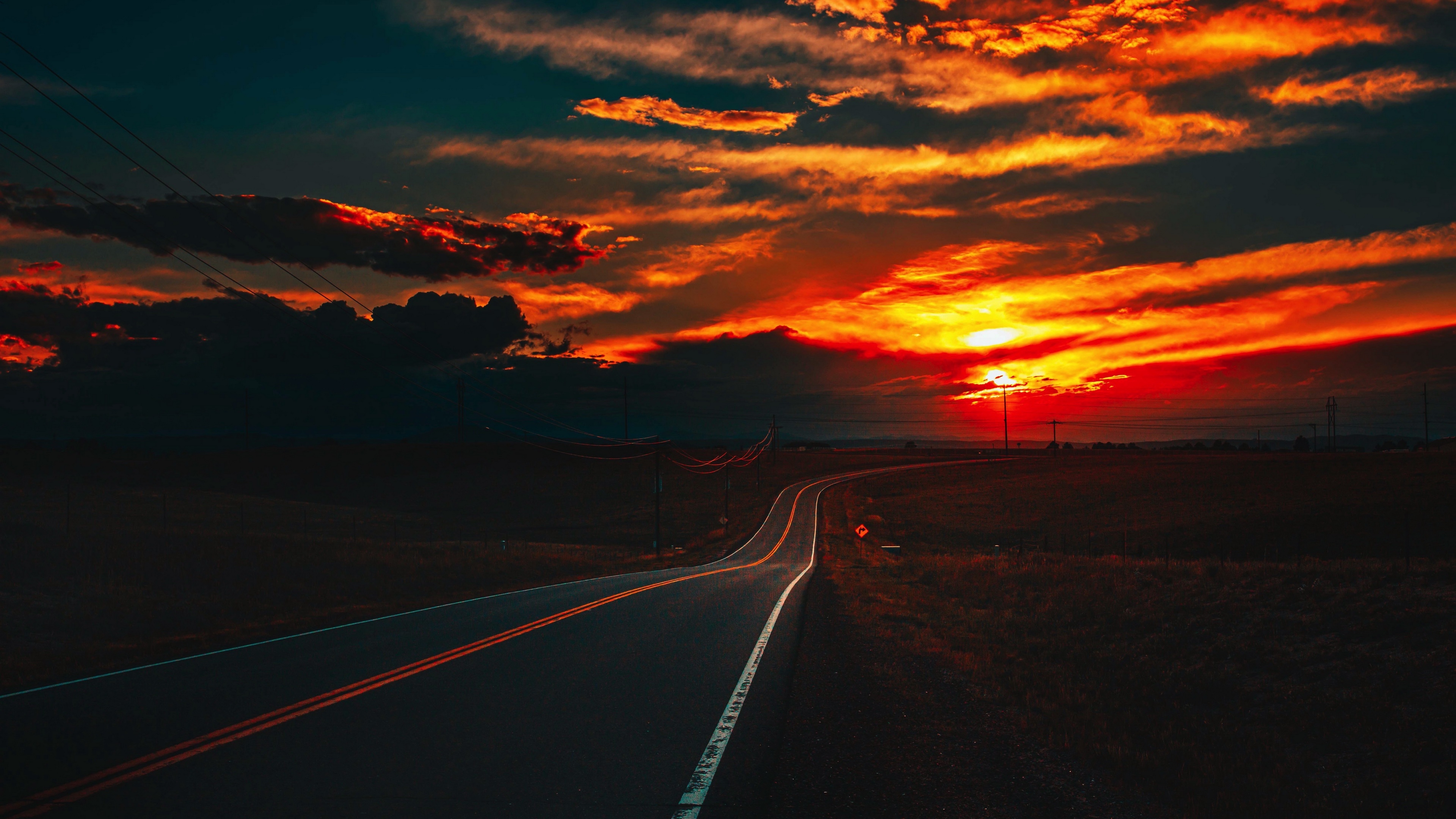 Fire Sunset at Road 4K Wallpaper, HD Nature 4K Wallpapers, Images