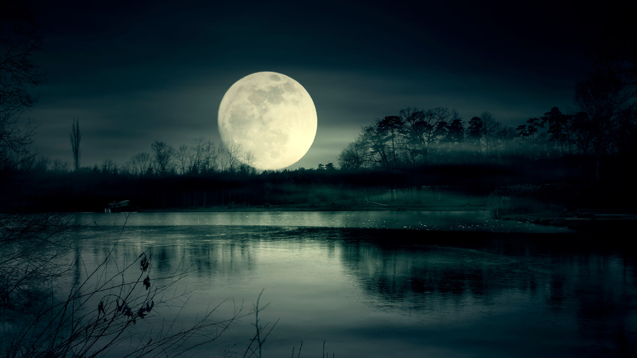 2048x1152 Full Moon Night Near Lake 2048x1152 Resolution Wallpaper, HD ...