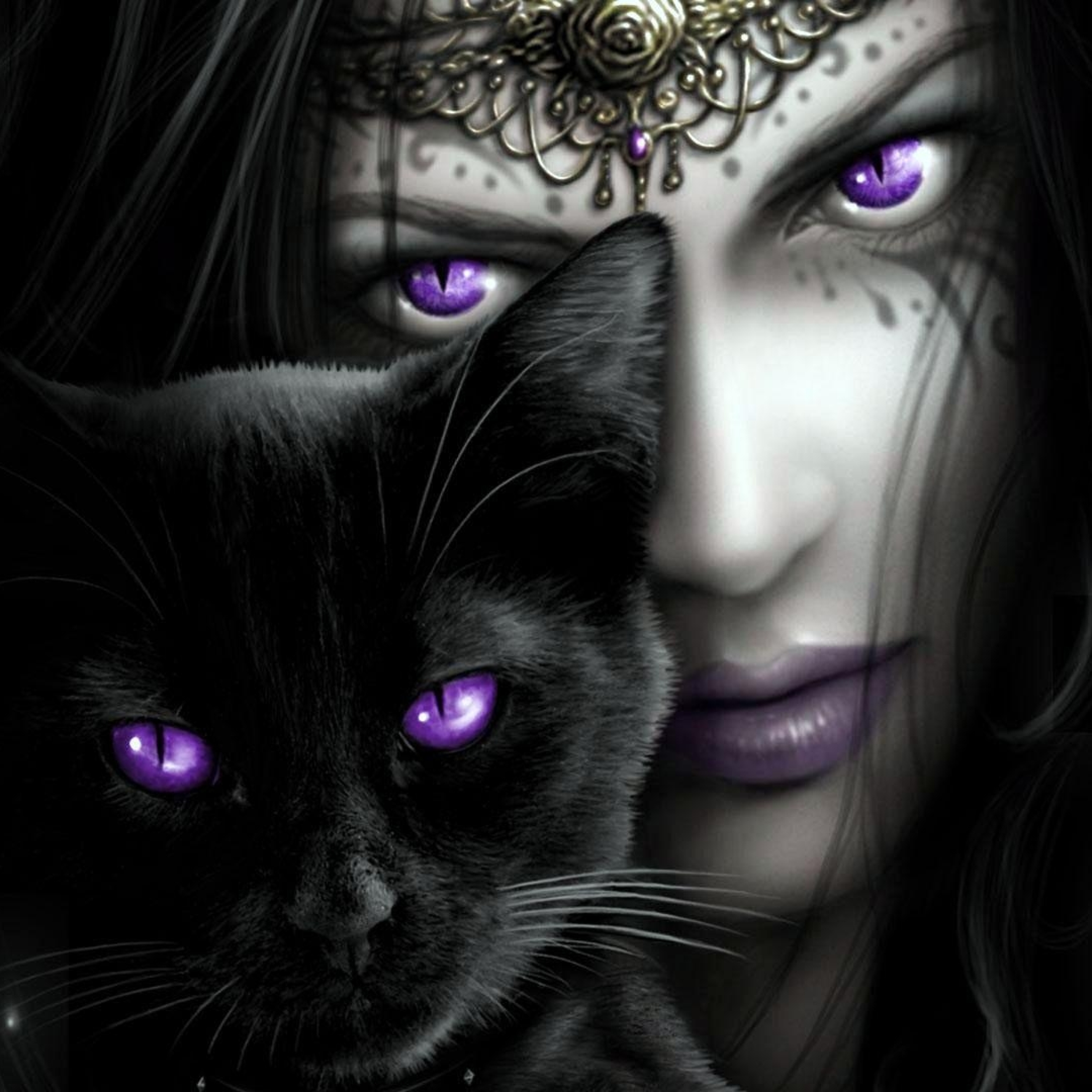 Темные аватарки. Девушка пантера. Кошка с фиолетовыми глазами. Ведьма с кошкой. Девушка кошка фэнтези.