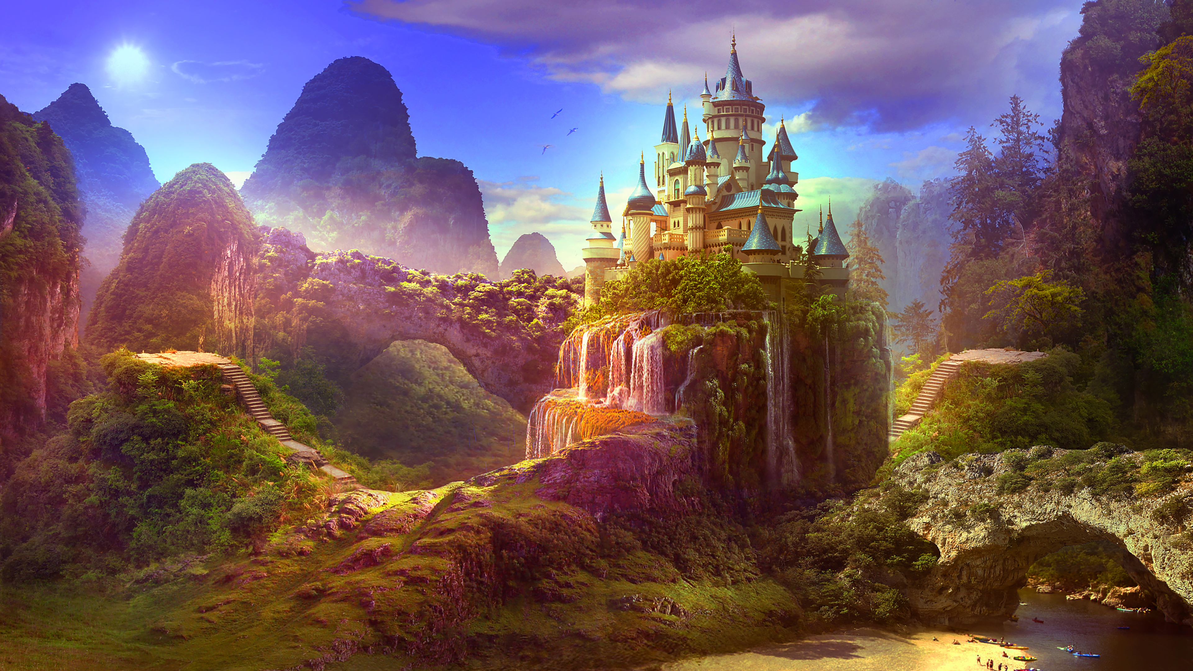 3840x2160 Heavenly Castle Over Mountain Hills 4K Wallpaper, HD Fantasy