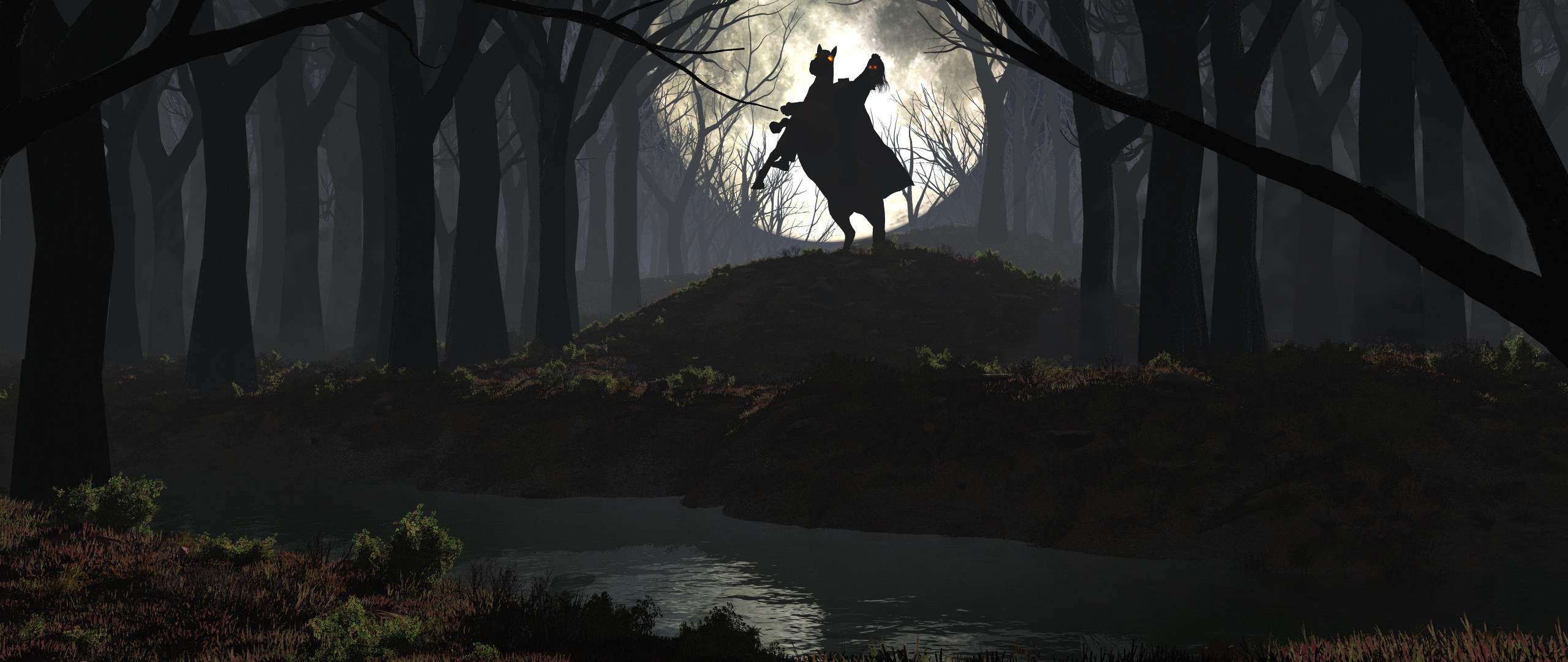 2560x1080 Horseman In Forest Dark Night 2560x1080 Resolution