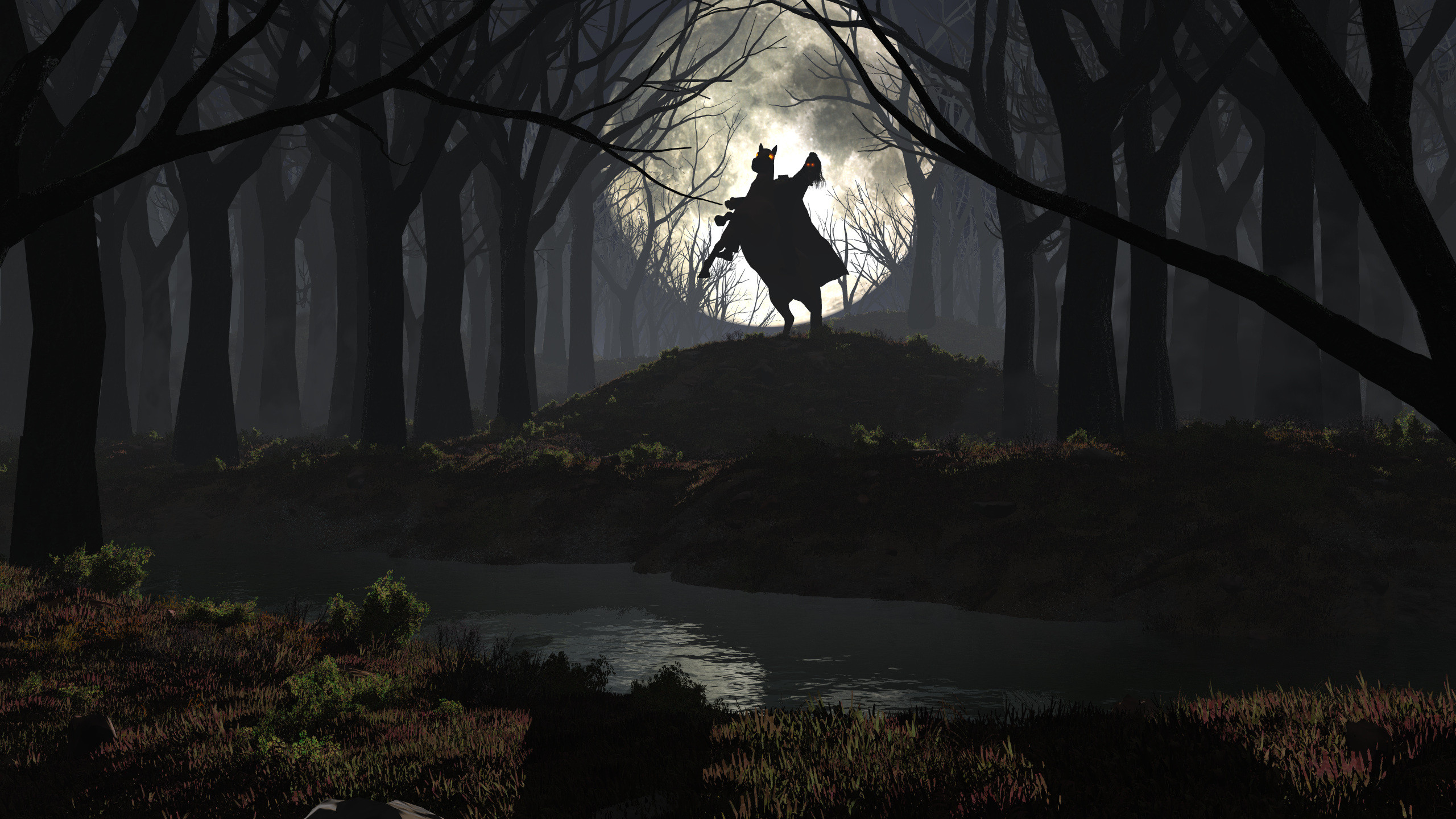 2560x1440 Horseman In Forest Dark Night 1440p Resolution Wallpaper