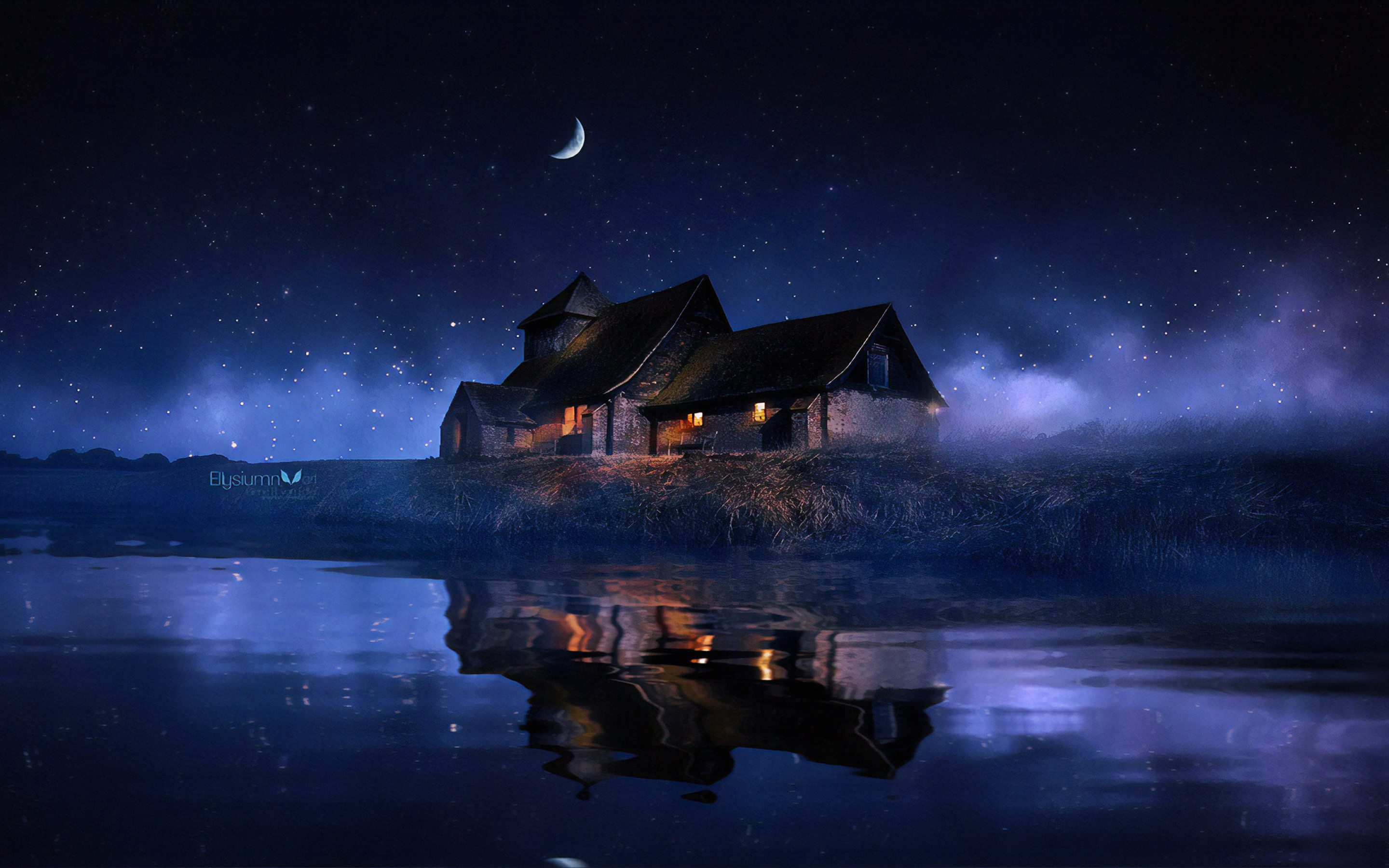 Домик на луне. Ночной пейзаж. Природа ночью. Ночь в деревне. Ночной дом.