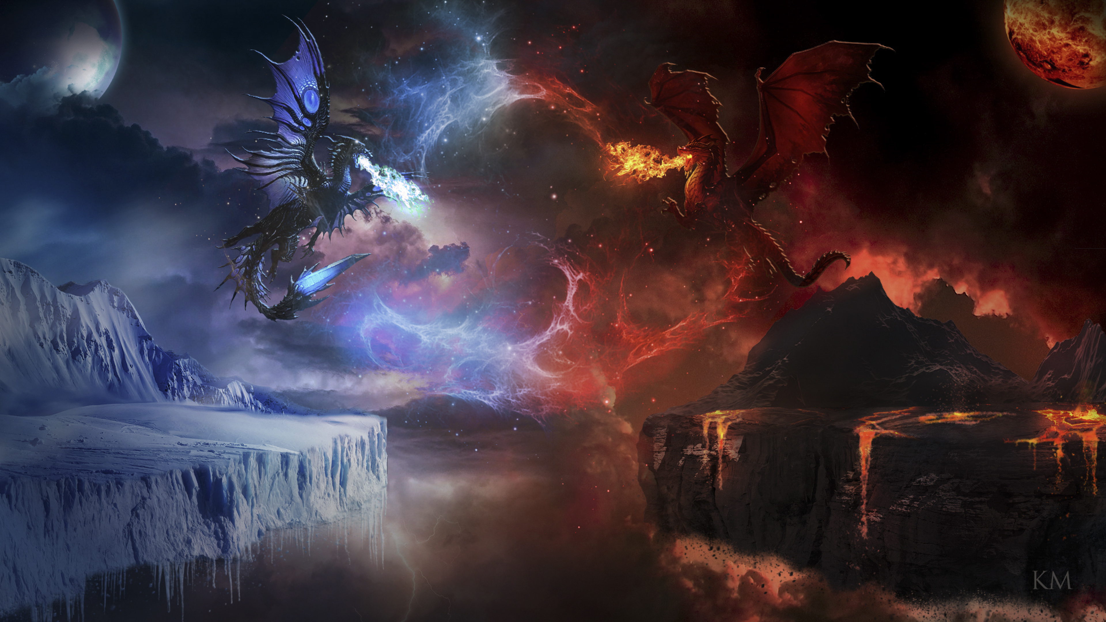 3840x2160 Ice Vs Fire Dragon Fight 4K Wallpaper, HD Fantasy 4K