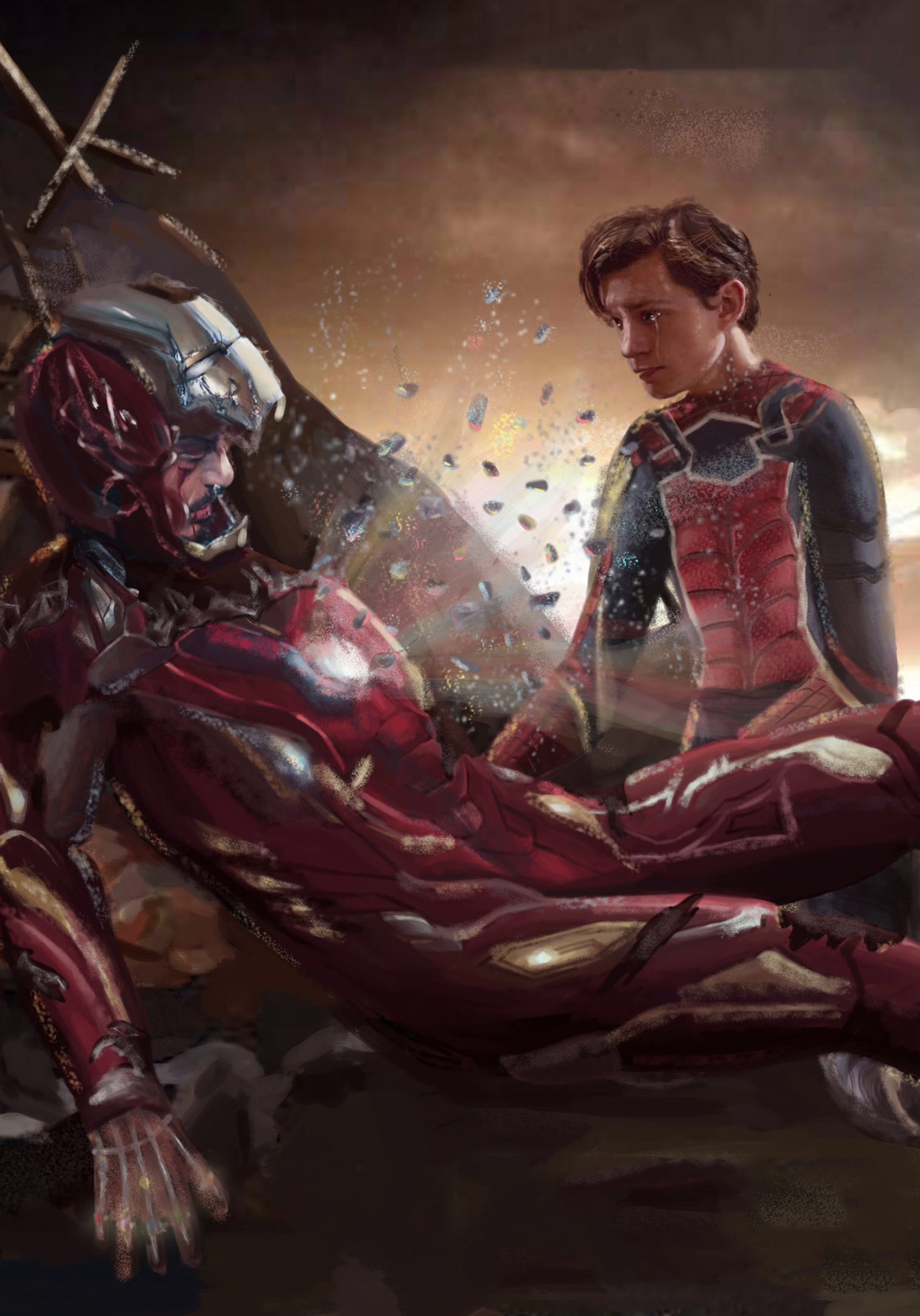 Iron Man and Spiderman Last Scene Art (1668x2388) Resolution Wallpaper.