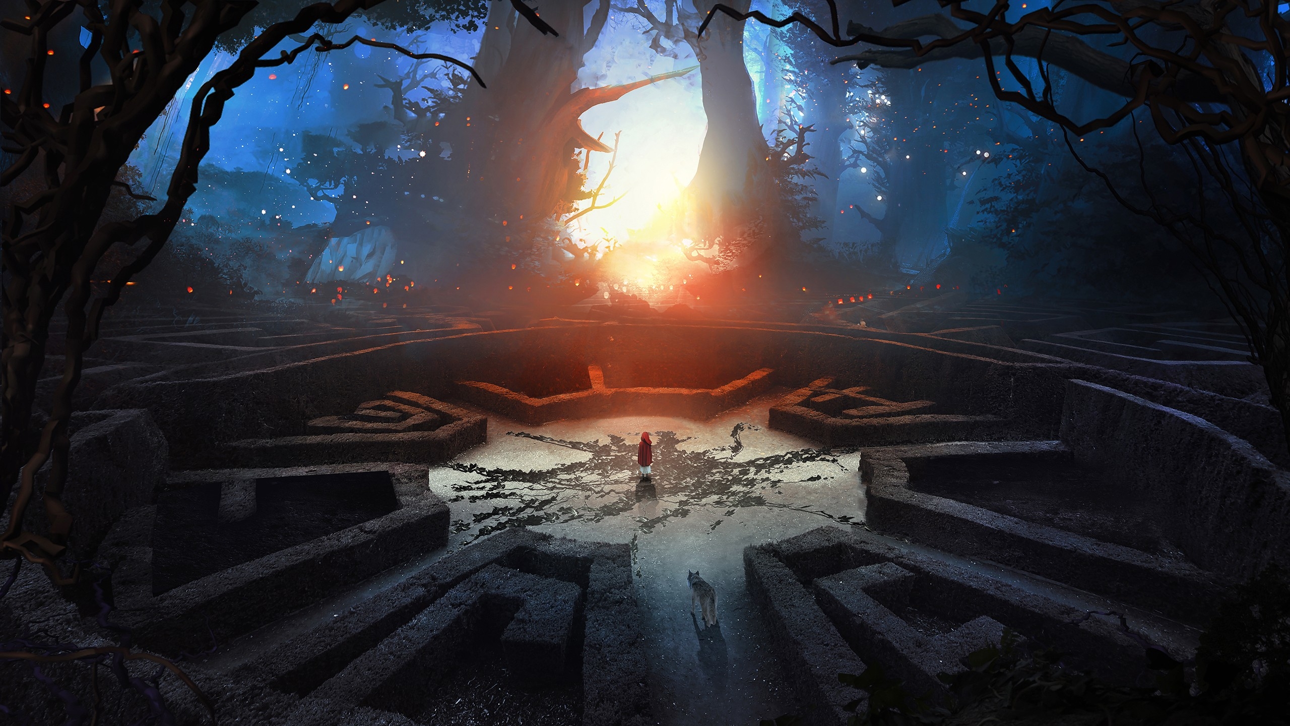 Labyrinth Wolf And Boy 3d Abstract Fantasy Art, Full HD 2K 