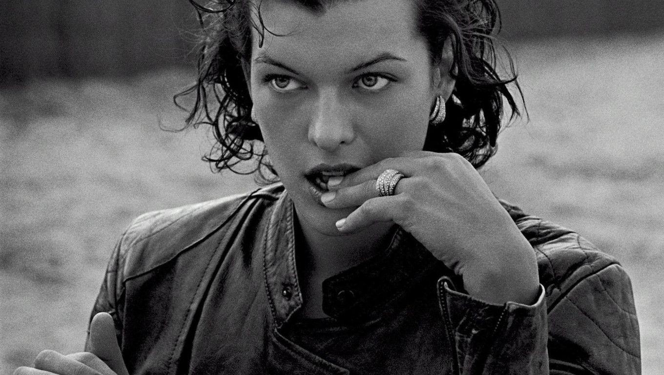 1360x768 Milla Jovovich black and white wallpapers Desktop Laptop HD