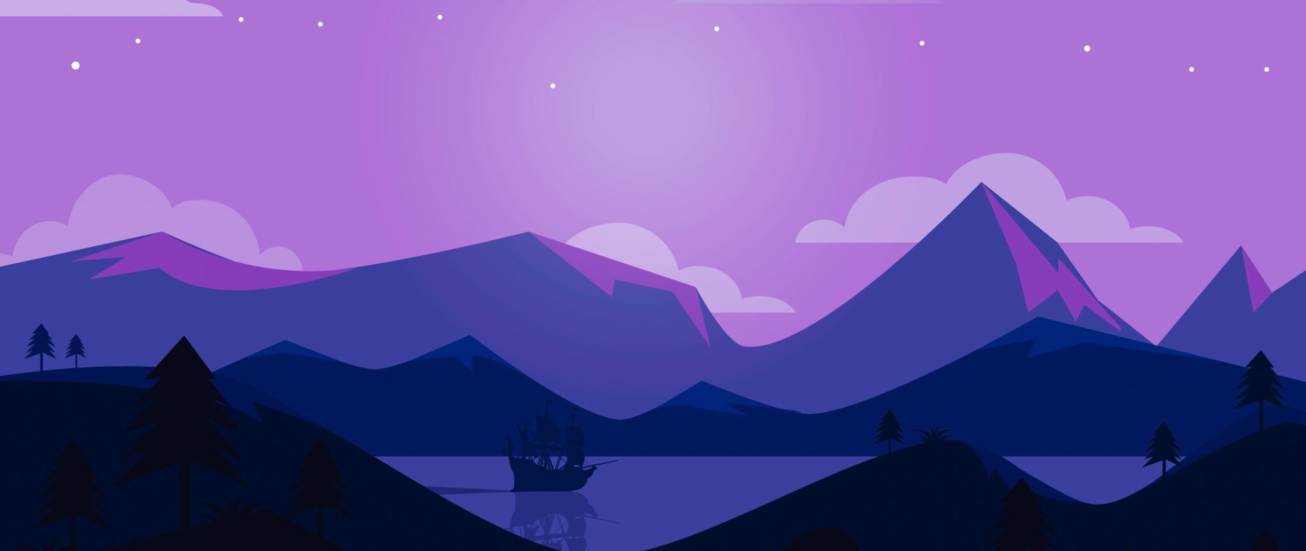 Minimal Ship Artwork Purple Background, Full HD 2K Wallpaper