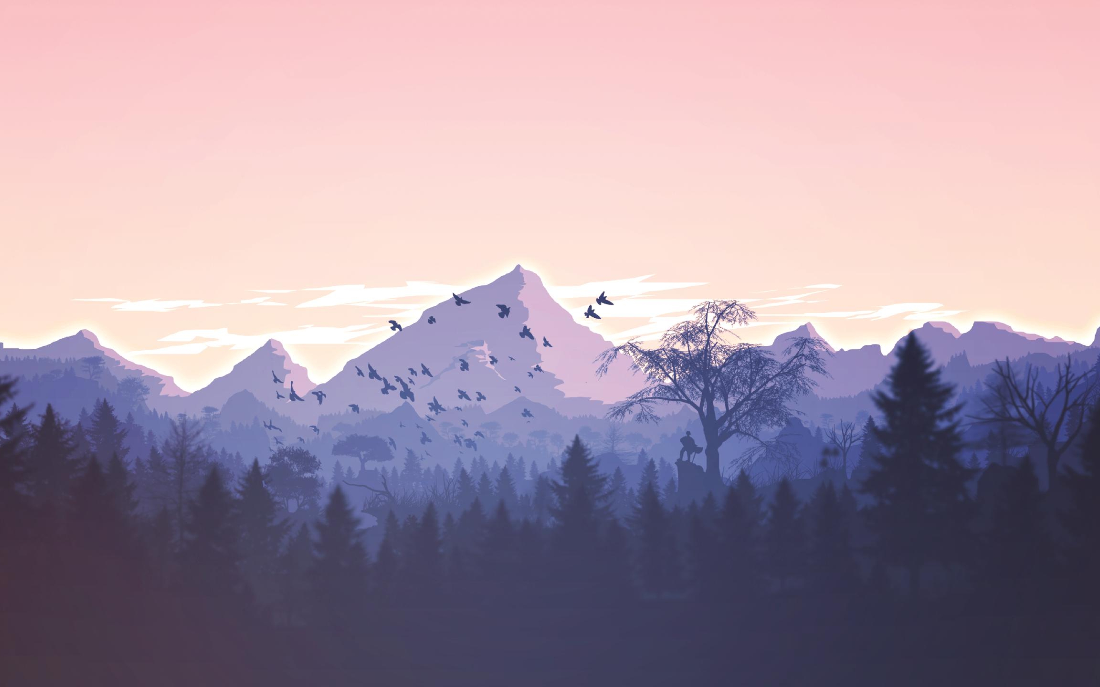 Minimalism Birds Mountains Trees Forest, Full HD 2K Wallpaper