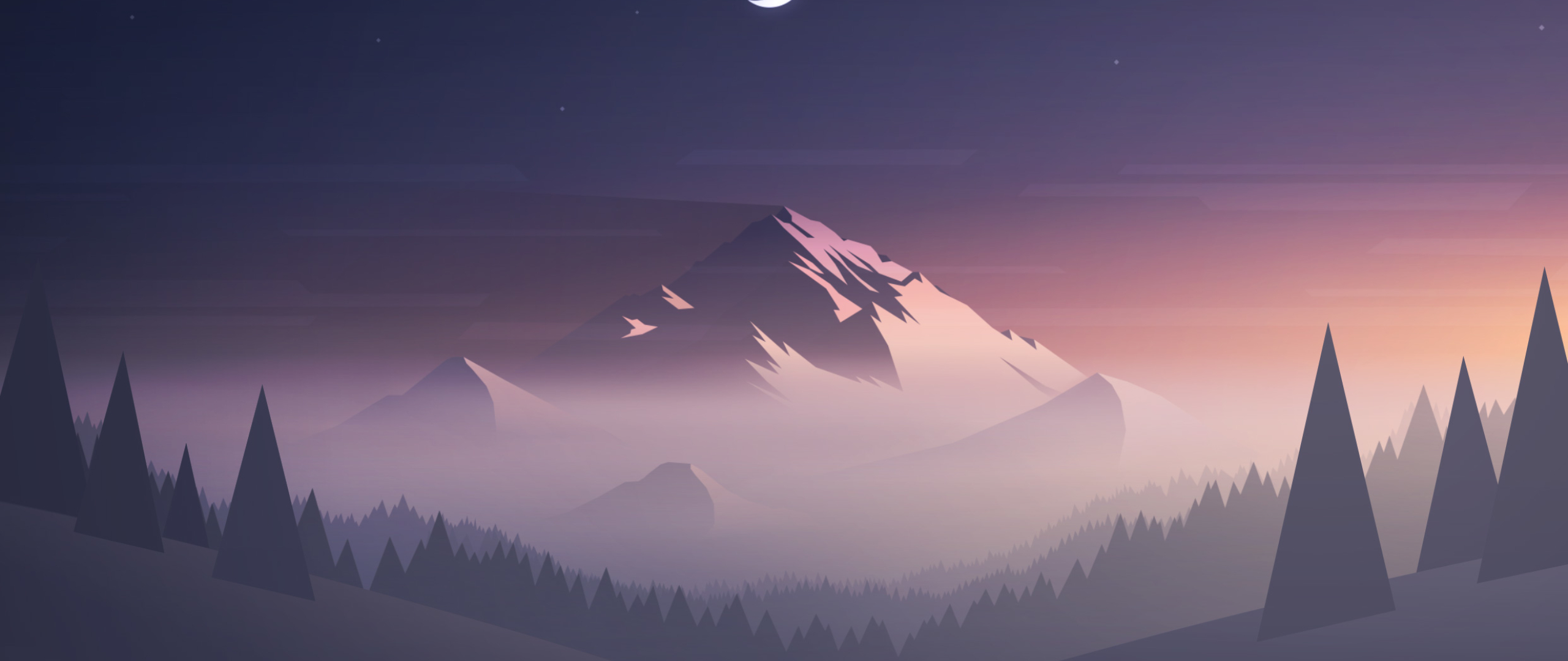 Mountains Moon Trees Minimal, Full HD 2K Wallpaper