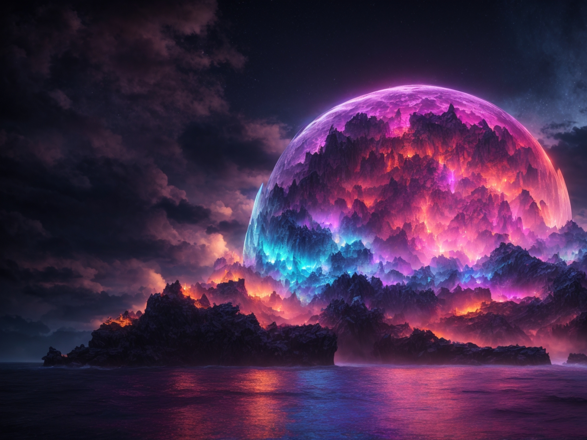 1920x1440 Resolution Neon Moonlit Sea 1920x1440 Resolution Wallpaper ...