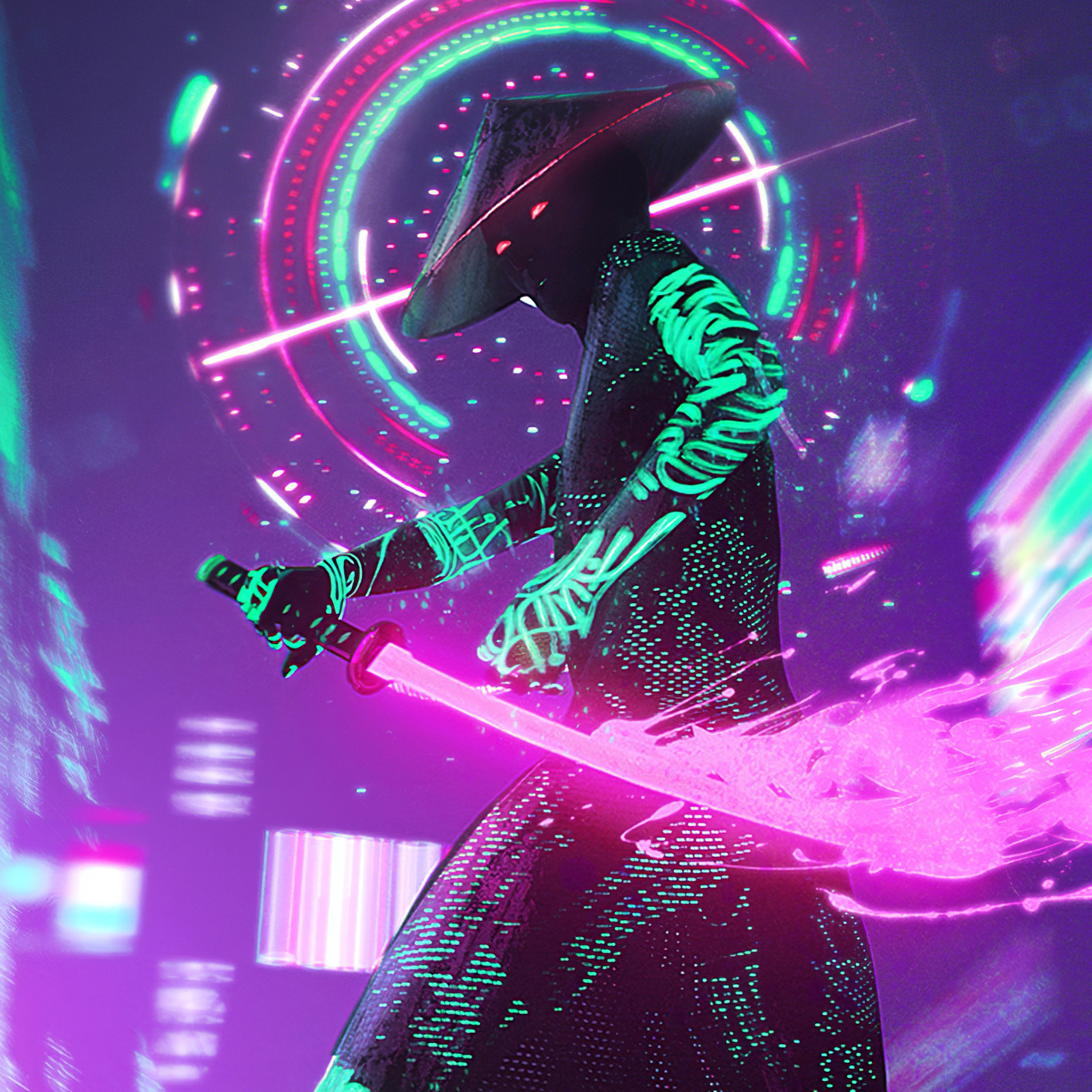 Neon Samurai Neon Cyberpunk Wallpaper 4k Man With Katana Images And ...