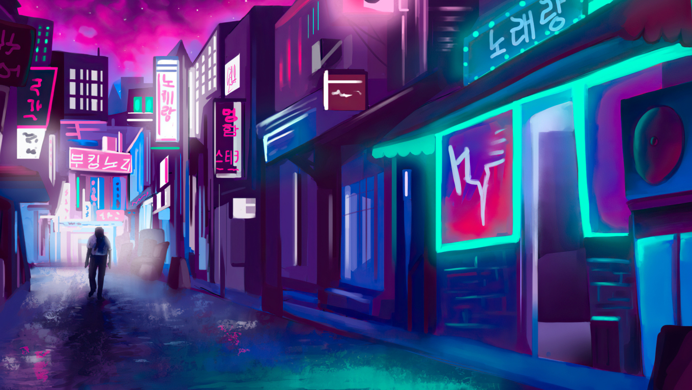 SciFi City Neon Lights Ninja Katana 4K Wallpaper 6429