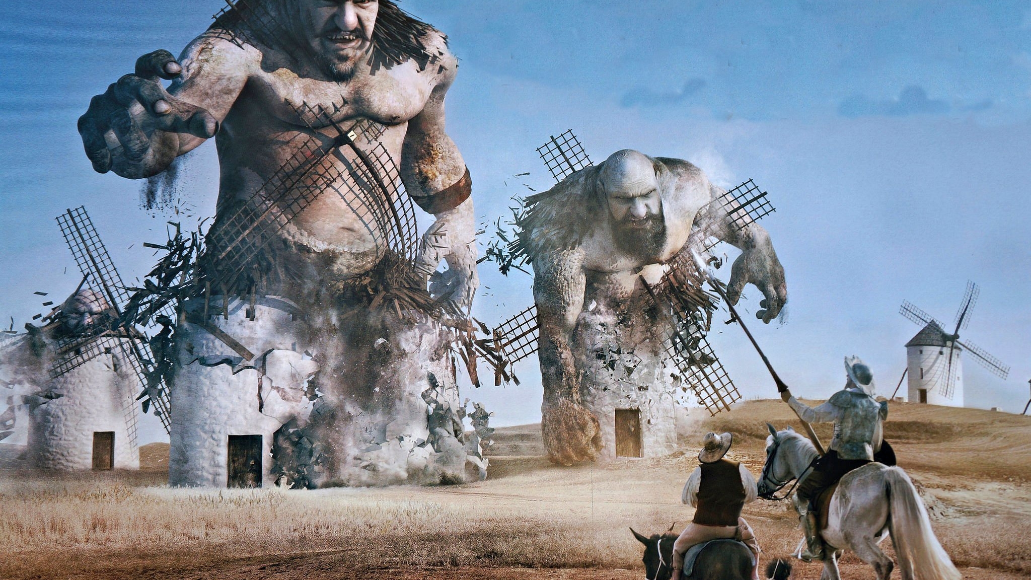 Don Quixote fighting imaginary giant windmills