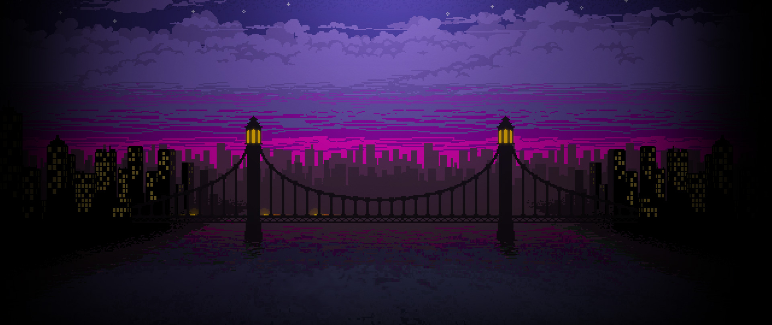Pixel Art Bridge Night (2560x1080) Resolution Wallpaper.