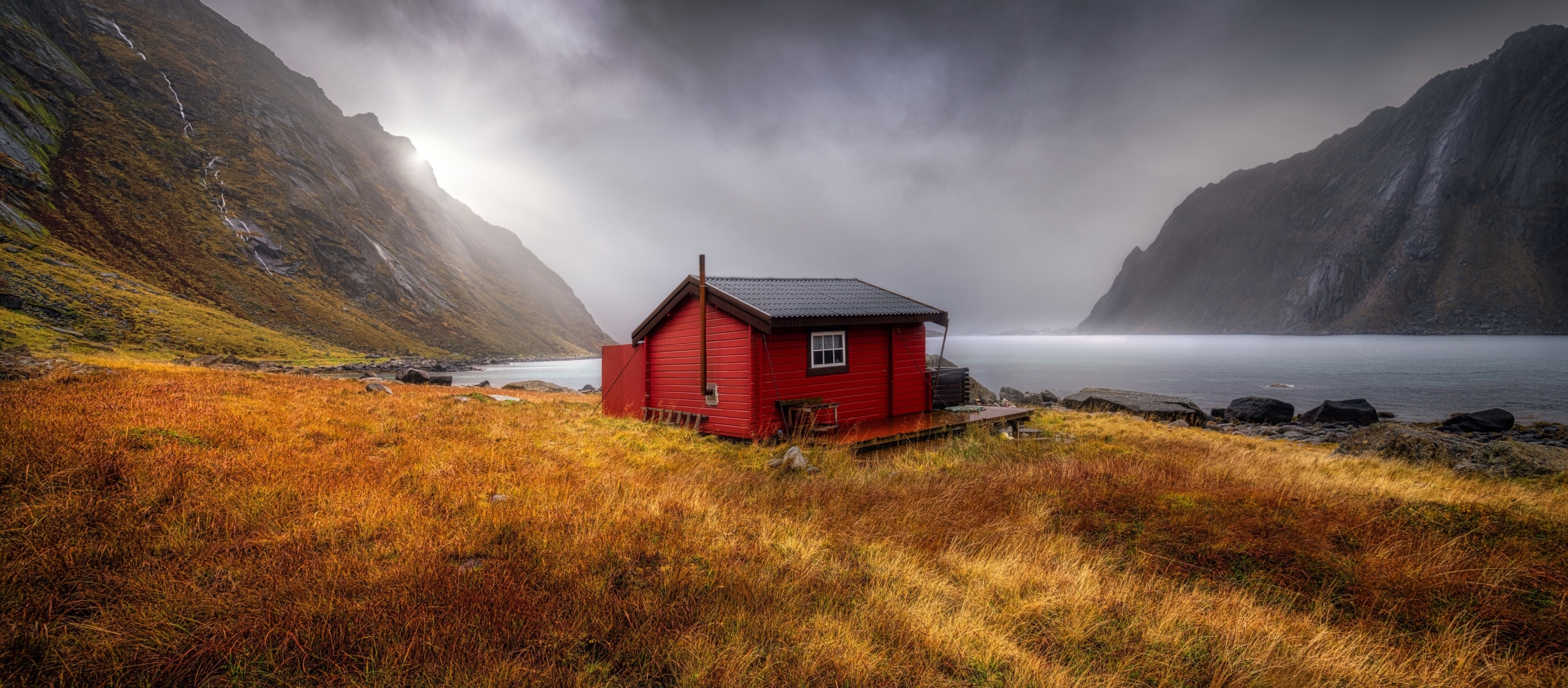 2460x1080 Red Cabin at Bay 2460x1080 Resolution Wallpaper, HD Nature 4K 