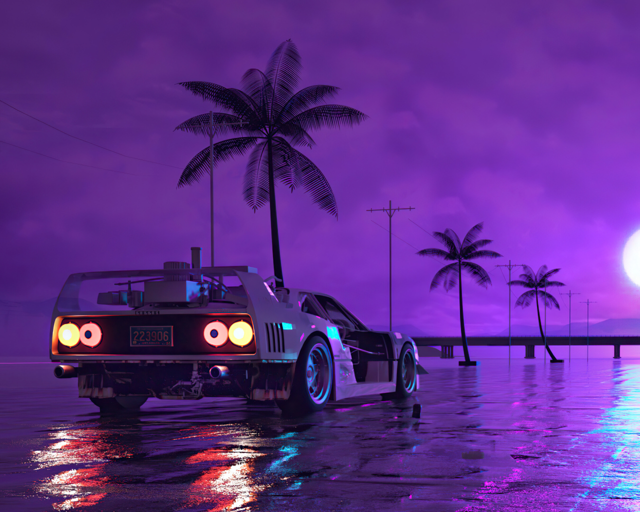 1280x1024 Retro Wave Sunset And Running Car 1280x1024